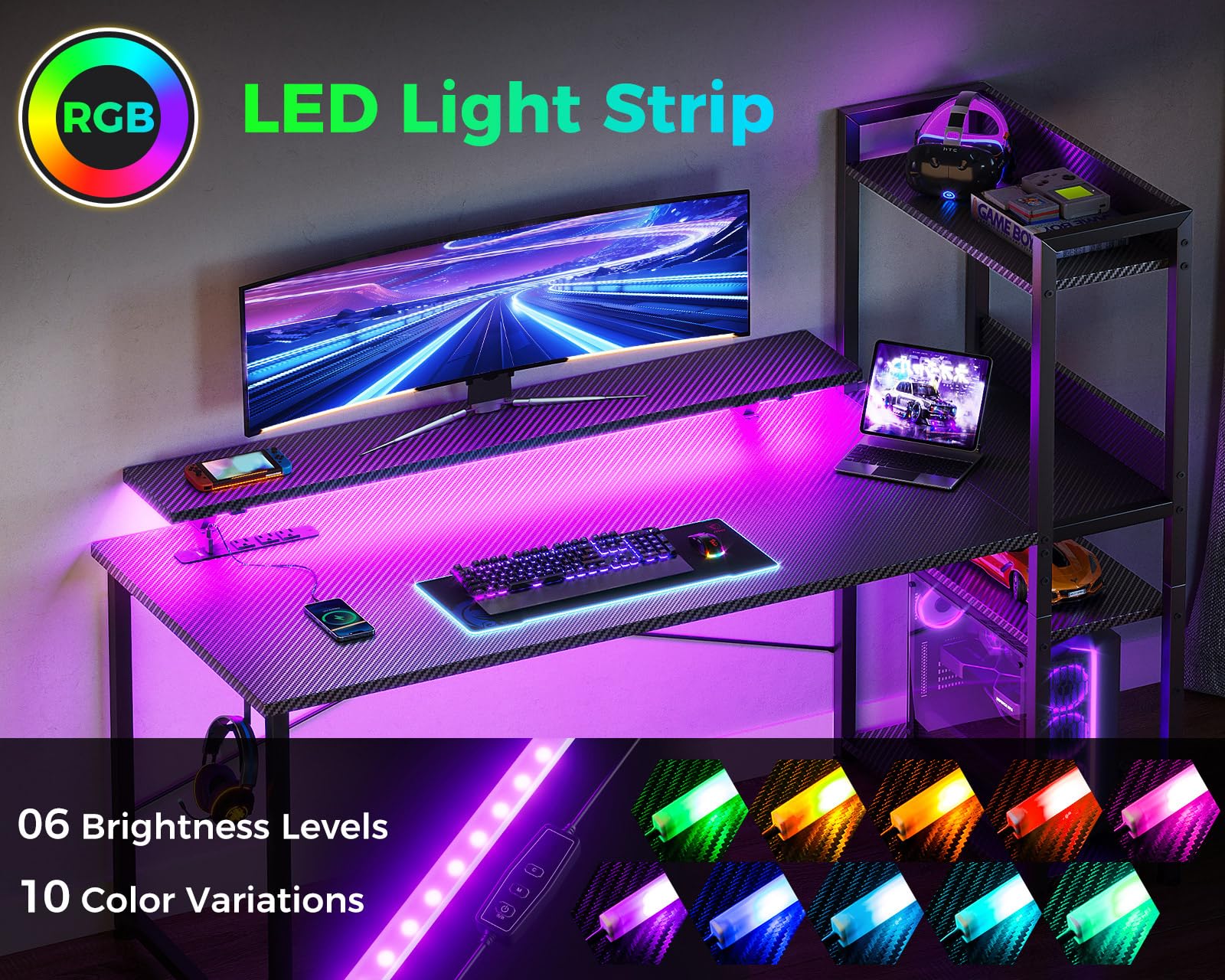 改ODK Reversible Gaming Desk with USB Charging Port and LED Lights, 40 Inch Computer Desk with Storage Shelves &amp; Monitor Stand, Study Table for Home Office, Small Space Bedroom, Carbon Fiber Black