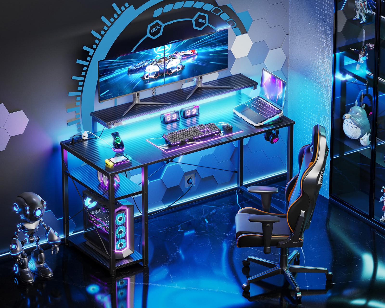 改MOTPK Gaming Desk with Led Lights &amp; Power Outlet, 40 Inch Small Gaming Computer Desk with Shelves, Reversible Gamer Desk Table with Adjustable Monitor Stand &amp; Headphone Hook, Carbon Fiber Texture