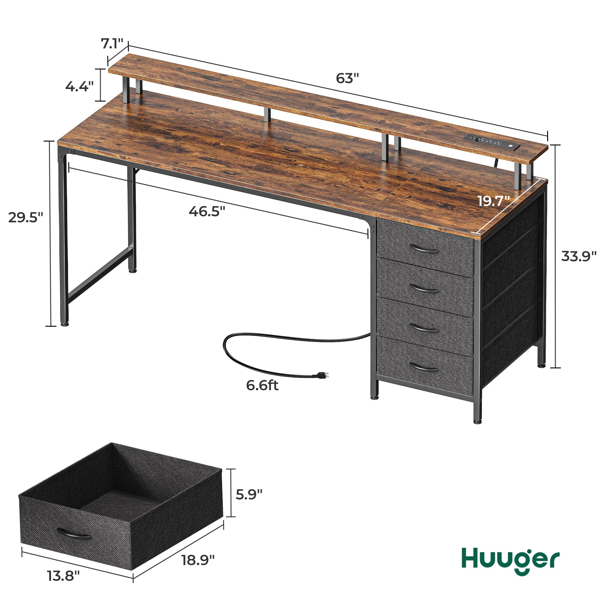 47 Inch Computer Desk with Power Outlets and LED Lights, Gaming Desk with 4 Drawers, Office Desk with Monitor Stand, Study Desk Work Desk for Home Office, Small Spaces, Black