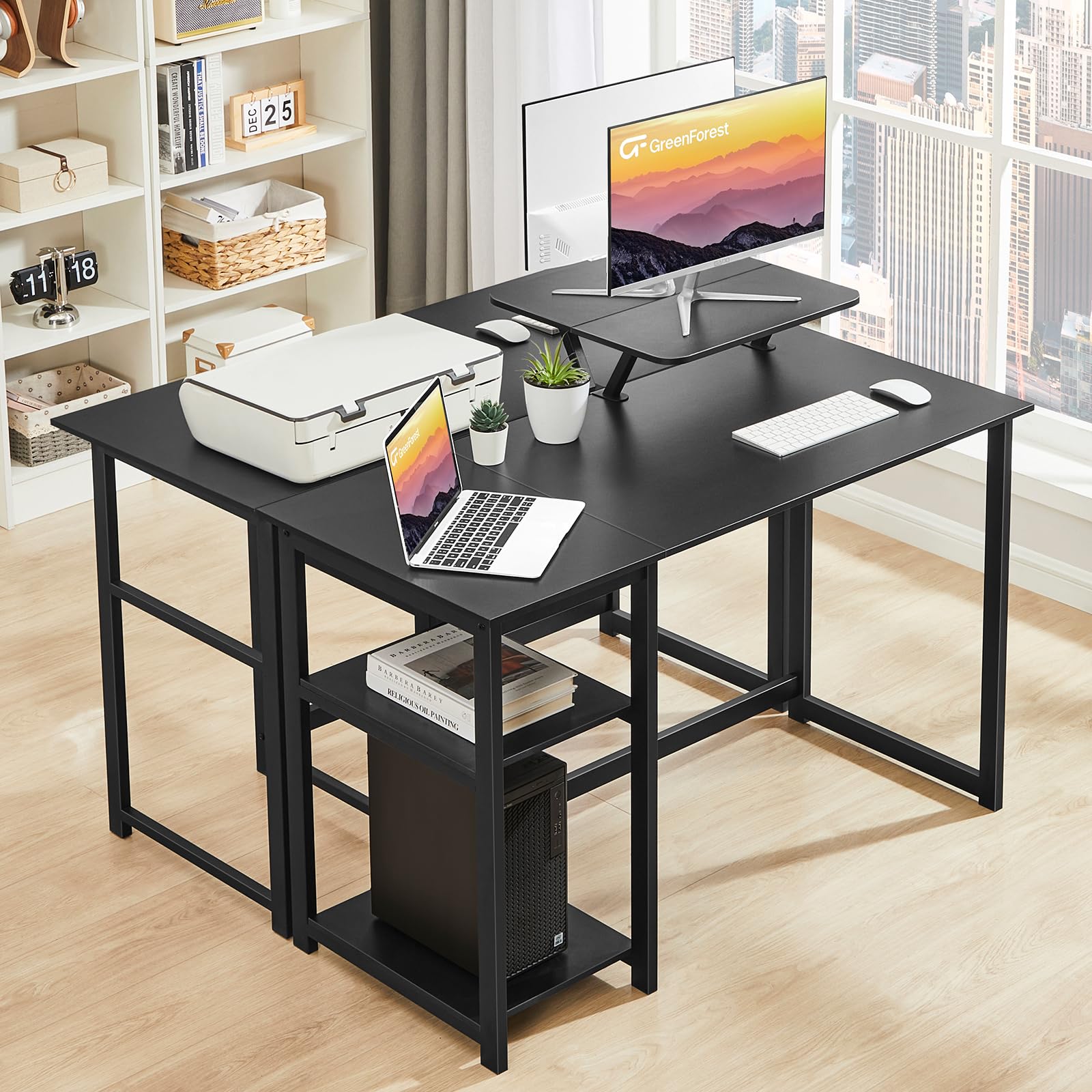 GreenForest Computer Desk 39 Inch with Monitor Stand, Office Desk with Adjustable Storage Shelves, Small Gaming Desk for Home Work Writing Study, Black