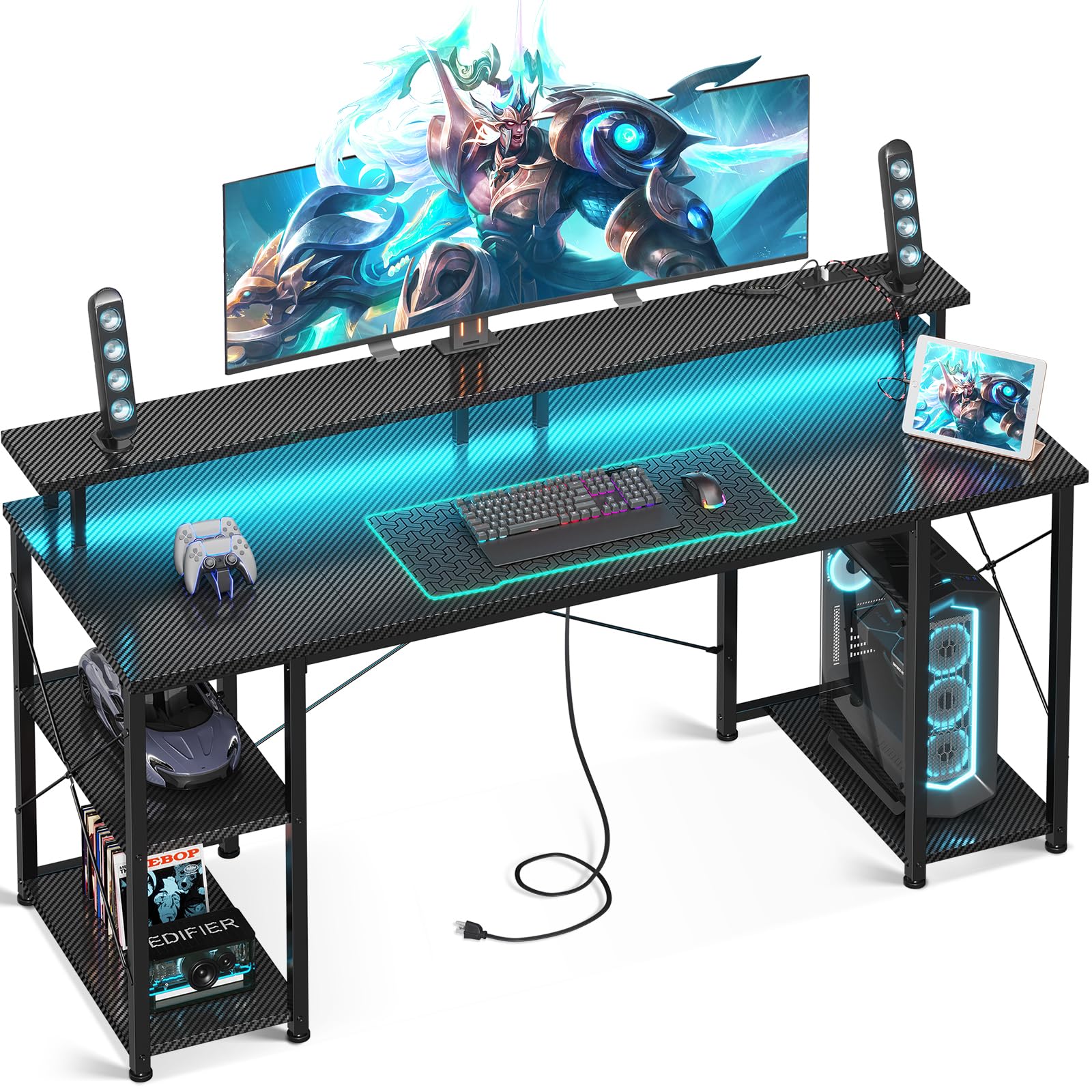 改ODK 48 inch Gaming Desk with LED Lights &amp; Power Outlets, Computer Desk with Monitor Stand &amp; Storage Sheves, CPU Stand, Home Office Desk, Black