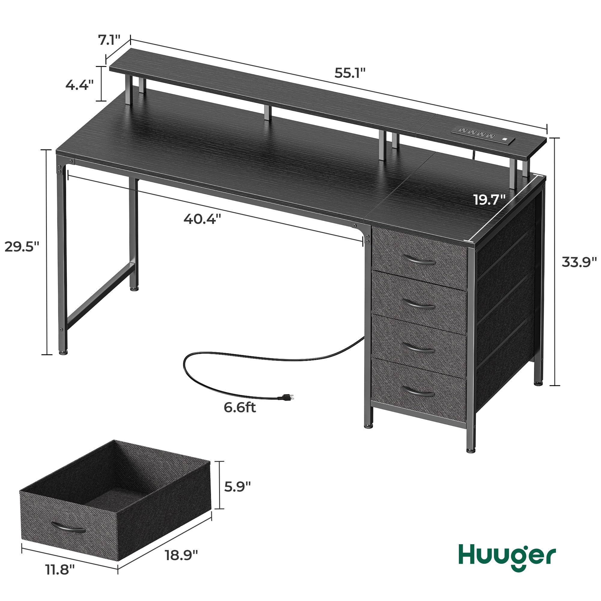 47 Inch Computer Desk with Power Outlets and LED Lights, Gaming Desk with 4 Drawers, Office Desk with Monitor Stand, Study Desk Work Desk for Home Office, Small Spaces, Black
