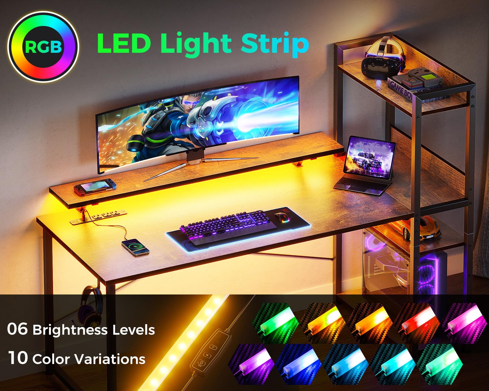 ODK Reversible Gaming Desk with USB Charging Port and LED Lights, 40 Inch Computer Desk with Storage Shelves &amp; Monitor Stand, Study Table for Home Office, Small Space Bedroom, Carbon Fiber Black