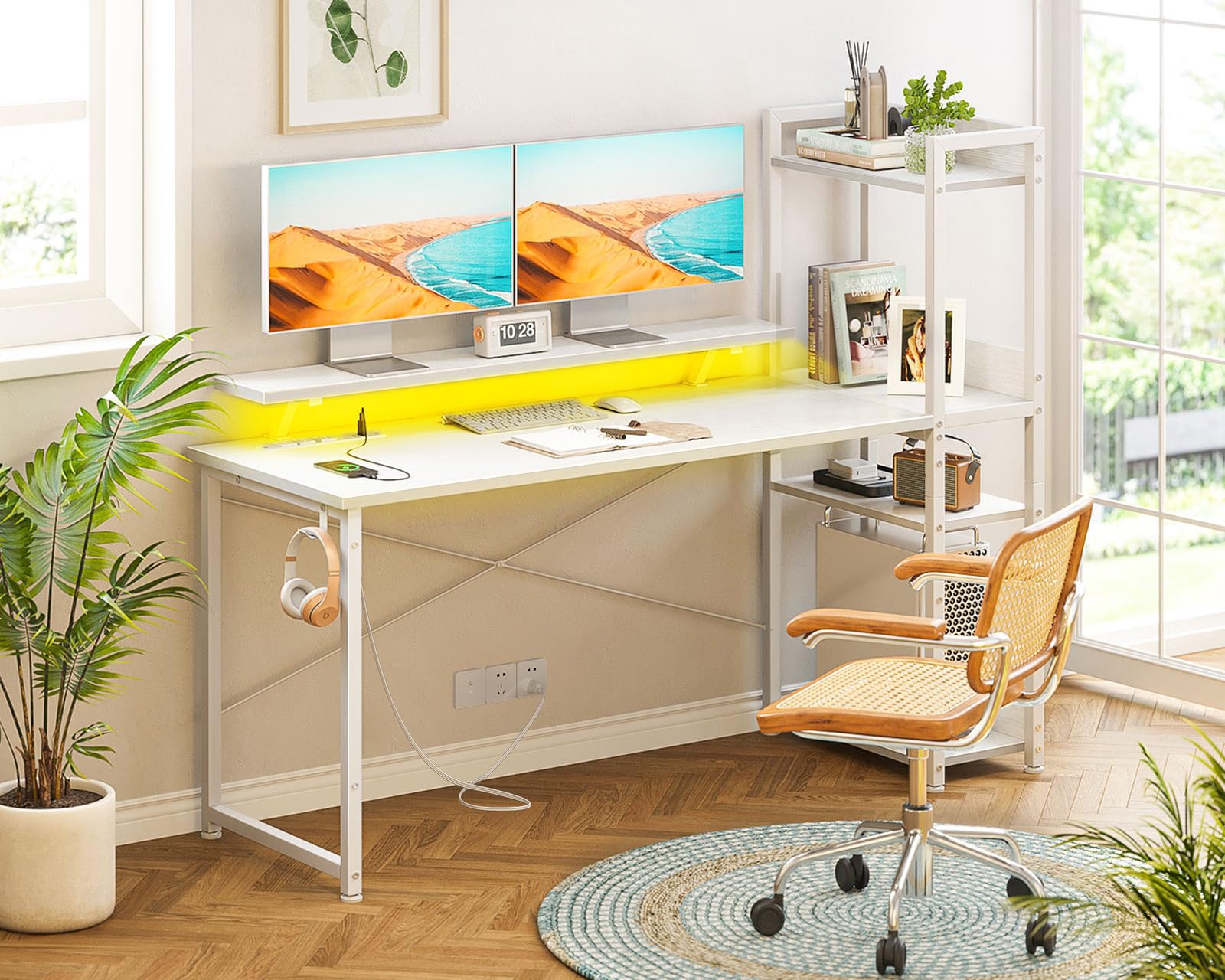ODK Reversible Gaming Desk with USB Charging Port and LED Lights, 40 Inch Computer Desk with Storage Shelves &amp; Monitor Stand, Study Table for Home Office, Small Space Bedroom, Carbon Fiber Black