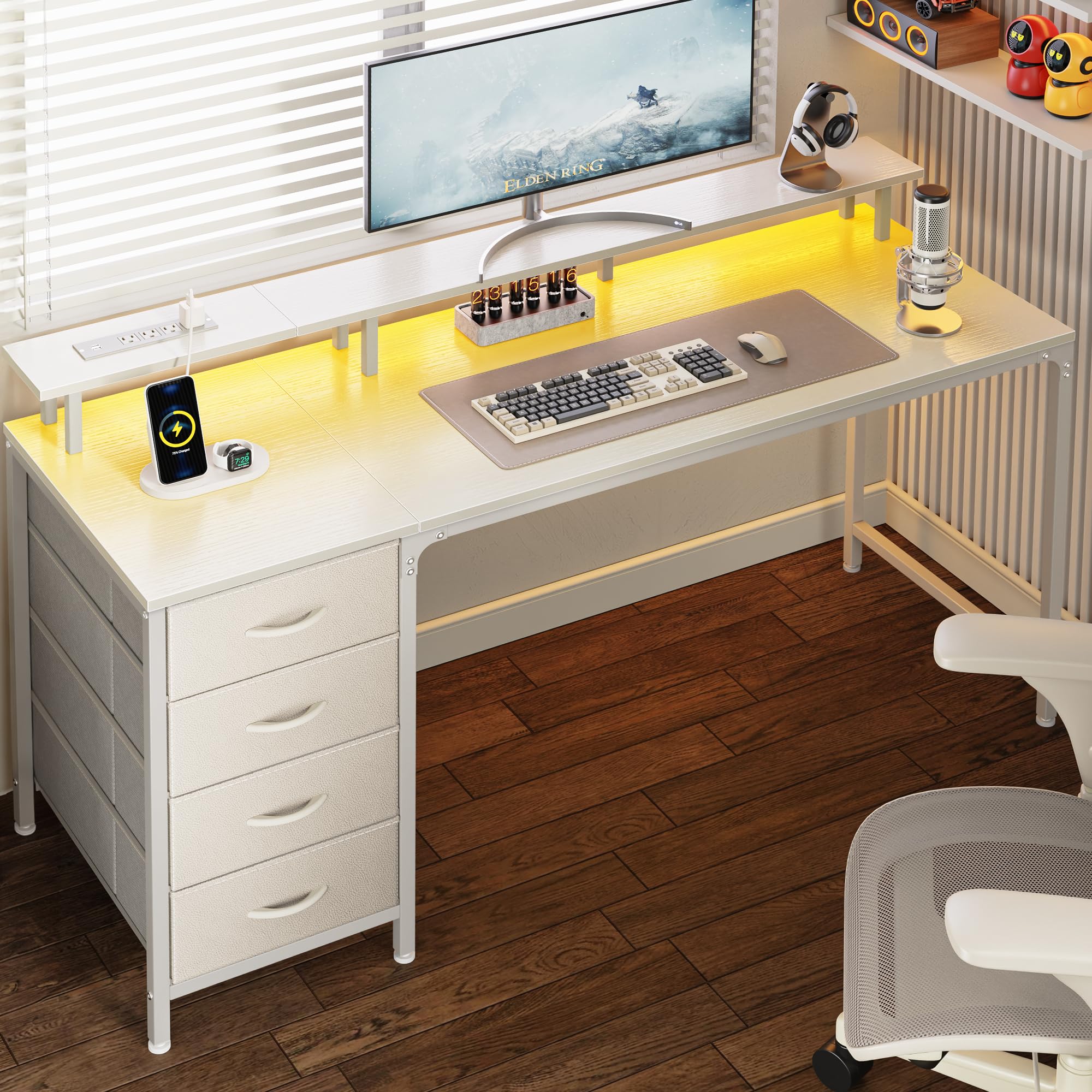 47 Inch Computer Desk with Power Outlets and LED Lights, Gaming Desk with 4 Drawers, Office Desk with Monitor Stand, Study Desk Work Desk for Home Office, Small Spaces, Black