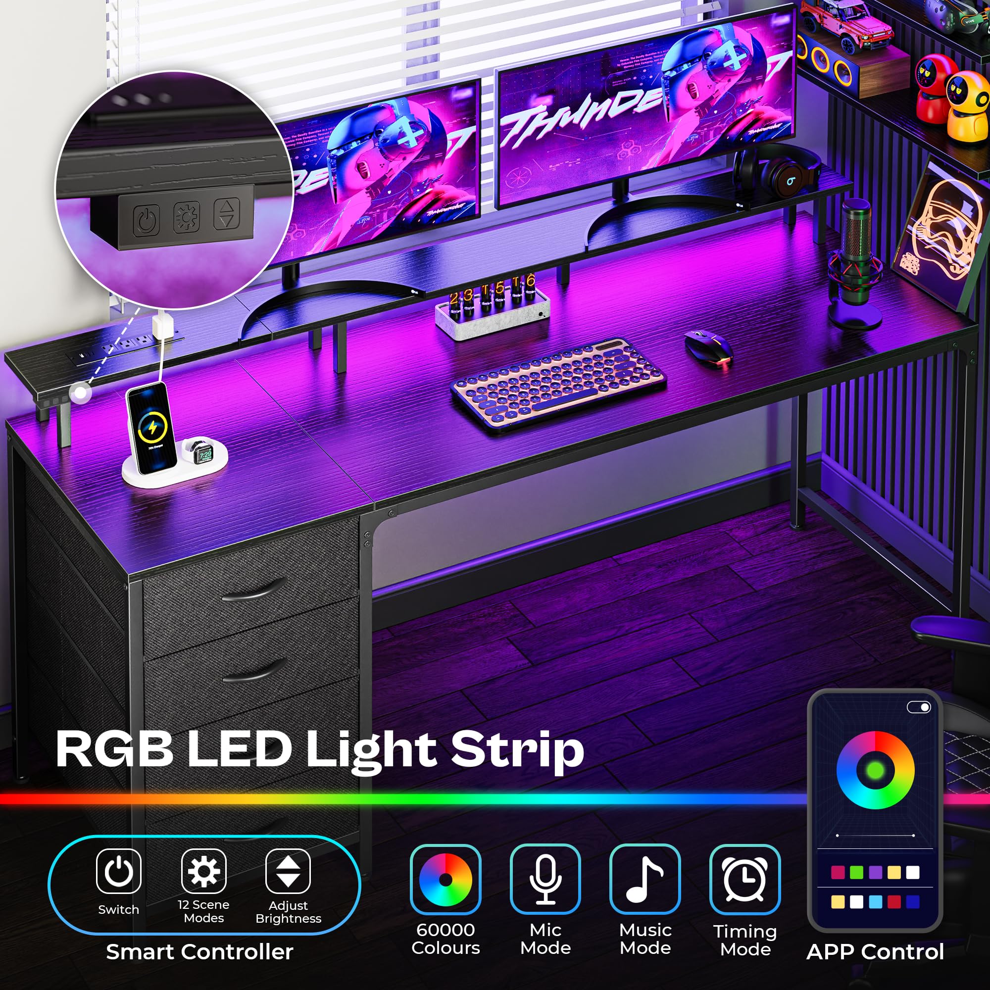 47 Inch Computer Desk with Power Outlets and LED Lights, Gaming Desk with 4 Drawers, Office Desk with Monitor Stand, Study Desk Work Desk for Home Office, Small Spaces, Black