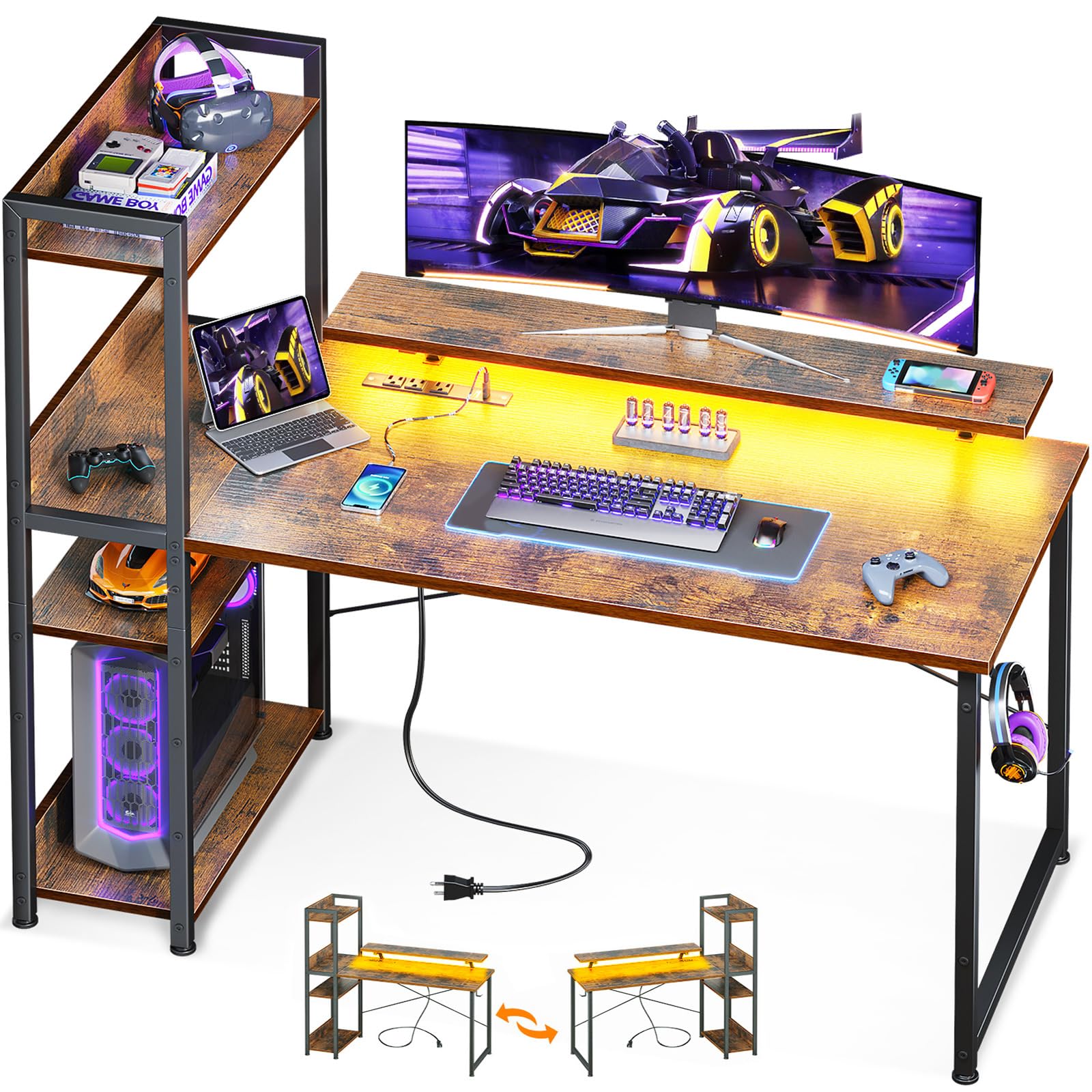 ODK Reversible Gaming Desk with USB Charging Port and LED Lights, 40 Inch Computer Desk with Storage Shelves &amp; Monitor Stand, Study Table for Home Office, Small Space Bedroom, Carbon Fiber Black