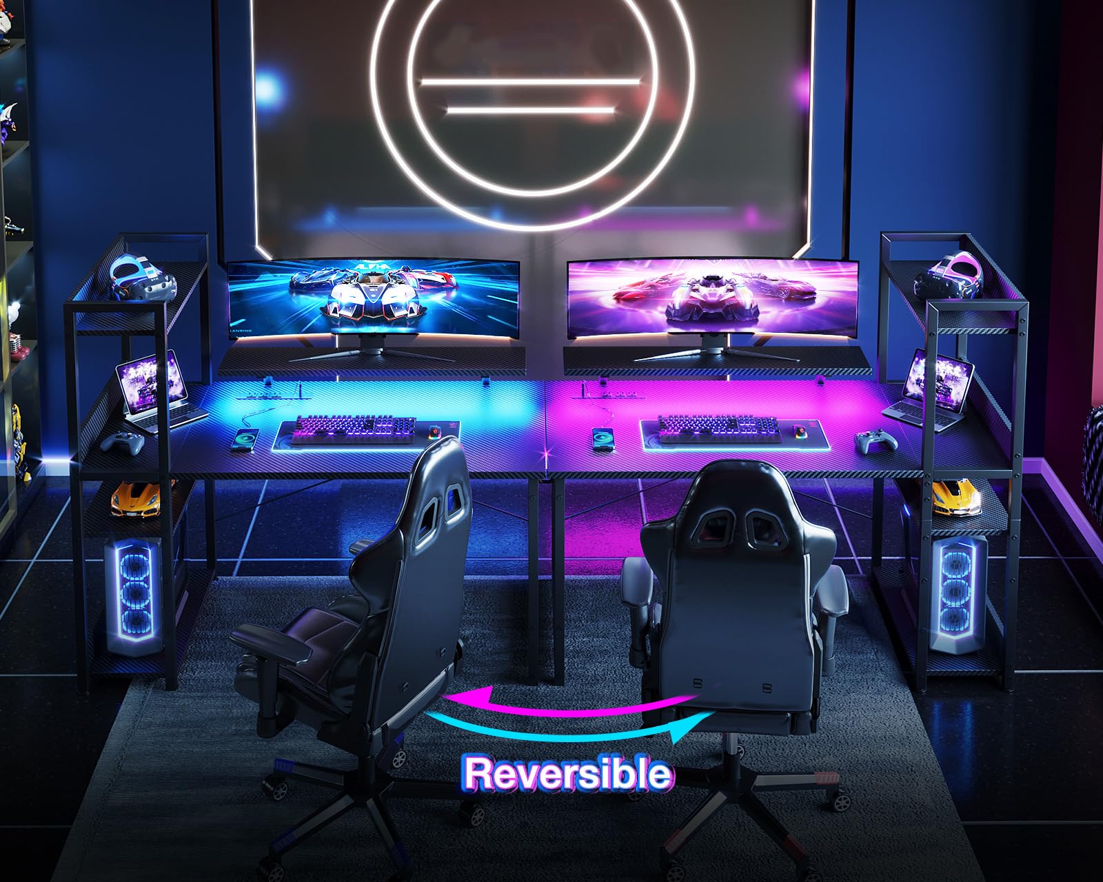ODK Reversible Gaming Desk with USB Charging Port and LED Lights, 40 Inch Computer Desk with Storage Shelves &amp; Monitor Stand, Study Table for Home Office, Small Space Bedroom, Carbon Fiber Black