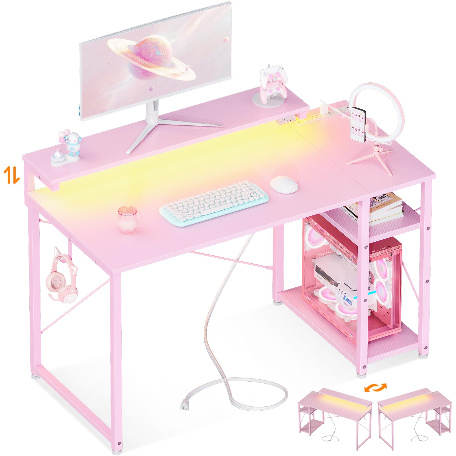 改MOTPK Gaming Desk with Led Lights & Power Outlet, 40 Inch Small Gaming Computer Desk with Shelves, Reversible Gamer Desk Table with Adjustable Monitor Stand & Headphone Hook, Carbon Fiber Texture