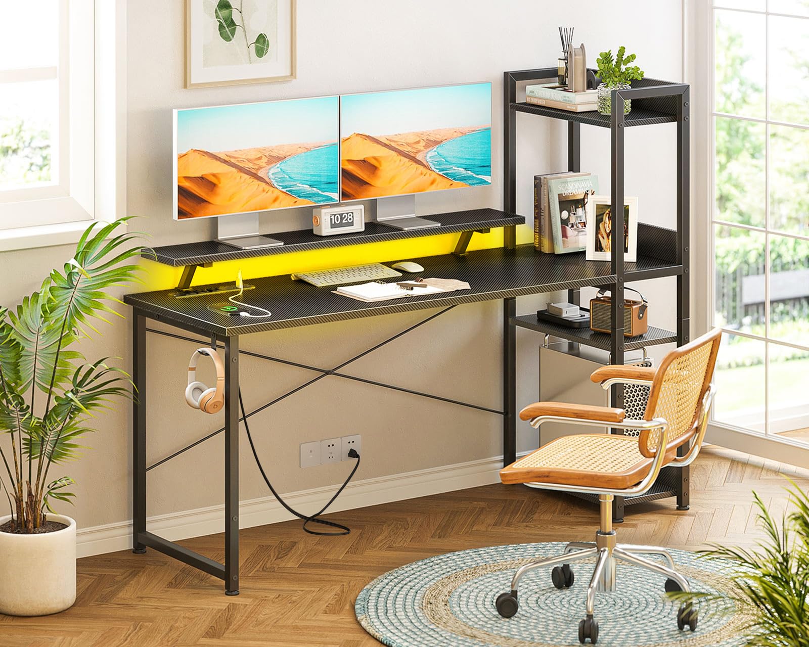 改ODK Reversible Gaming Desk with USB Charging Port and LED Lights, 40 Inch Computer Desk with Storage Shelves &amp; Monitor Stand, Study Table for Home Office, Small Space Bedroom, Carbon Fiber Black