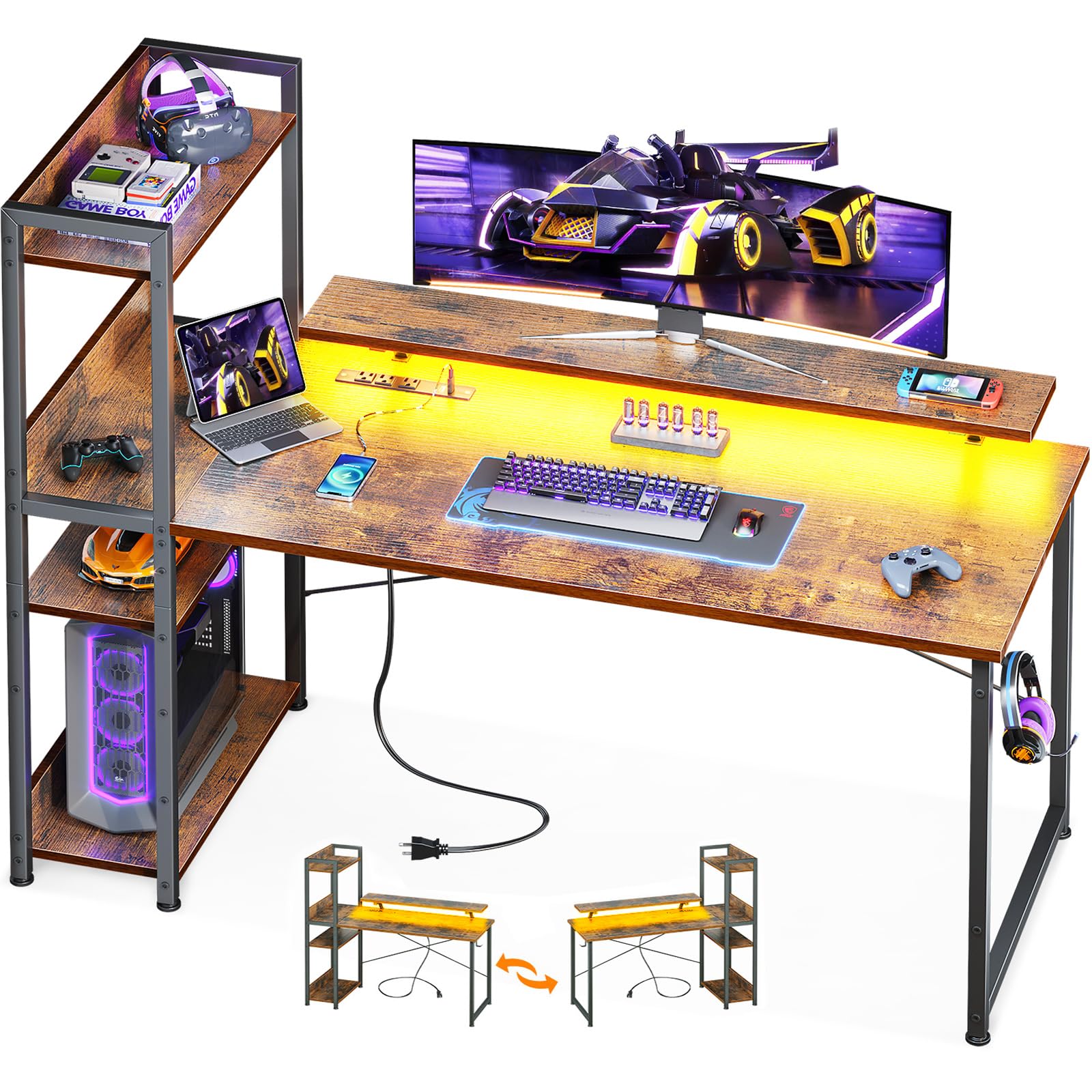 ODK Reversible Gaming Desk with USB Charging Port and LED Lights, 40 Inch Computer Desk with Storage Shelves &amp; Monitor Stand, Study Table for Home Office, Small Space Bedroom, Carbon Fiber Black