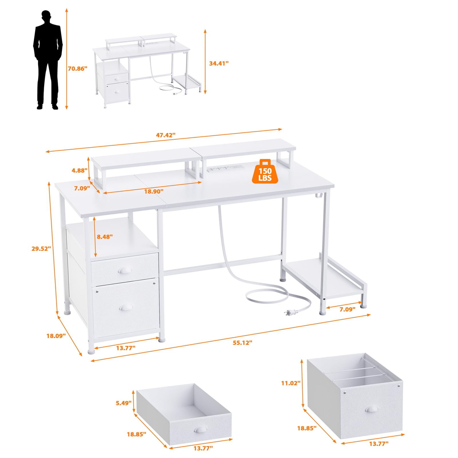 改Furologee Computer Desk with Drawer and Power Outlets, 47" Office Desk with 2 Monitor Stands and Fabric File Cabinet, Writing Gaming Table with Shelves and 2 Hooks for Home Office, Rustic Brown
