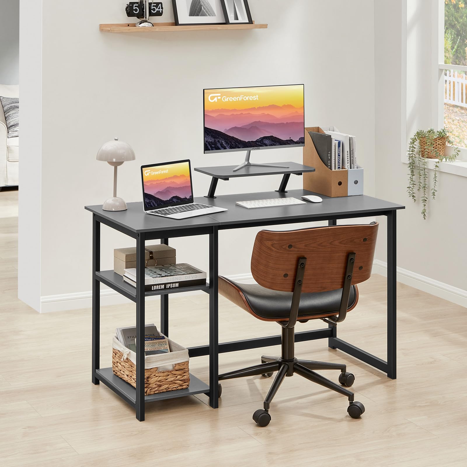GreenForest Computer Desk 39 Inch with Monitor Stand, Office Desk with Adjustable Storage Shelves, Small Gaming Desk for Home Work Writing Study, Black