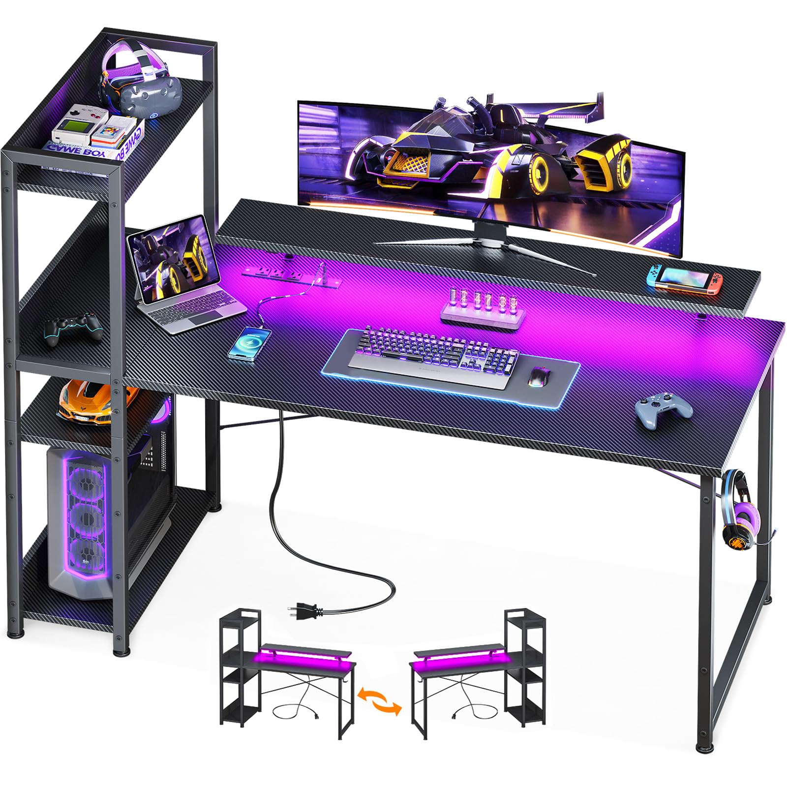 改ODK Reversible Gaming Desk with USB Charging Port and LED Lights, 40 Inch Computer Desk with Storage Shelves &amp; Monitor Stand, Study Table for Home Office, Small Space Bedroom, Carbon Fiber Black