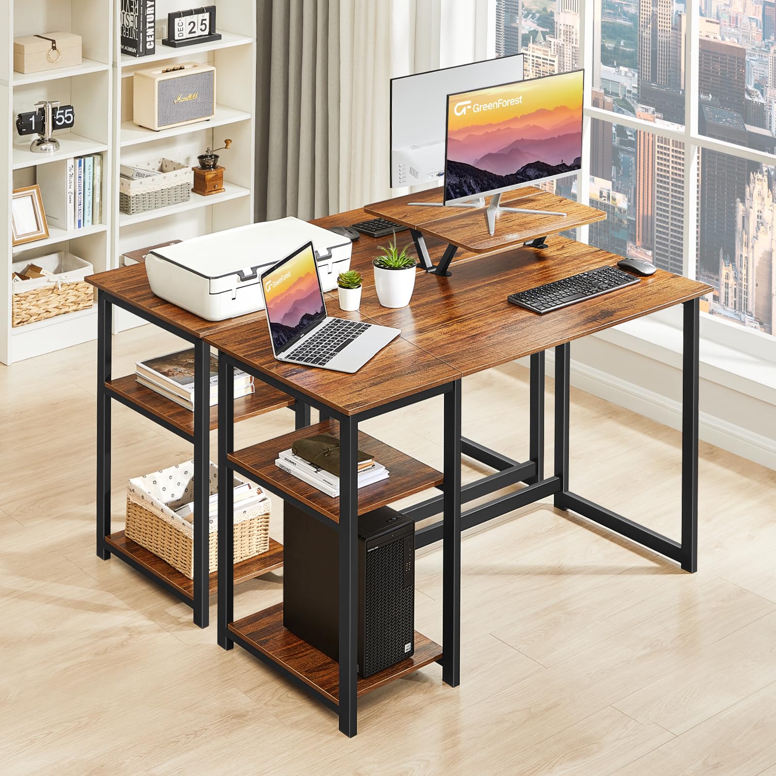改GreenForest Computer Desk 39 Inch with Monitor Stand, Office Desk with Adjustable Storage Shelves, Small Gaming Desk for Home Work Writing Study, Black
