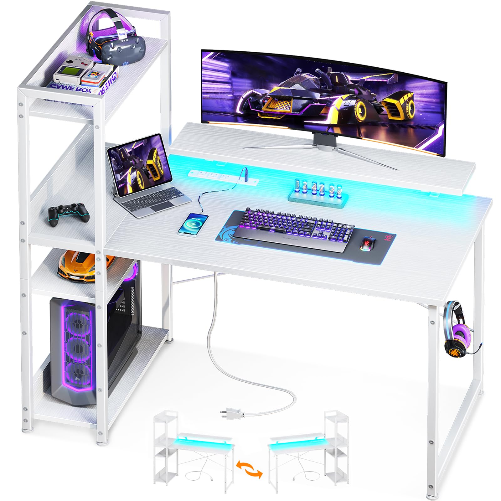 ODK Reversible Gaming Desk with USB Charging Port and LED Lights, 40 Inch Computer Desk with Storage Shelves &amp; Monitor Stand, Study Table for Home Office, Small Space Bedroom, Carbon Fiber Black