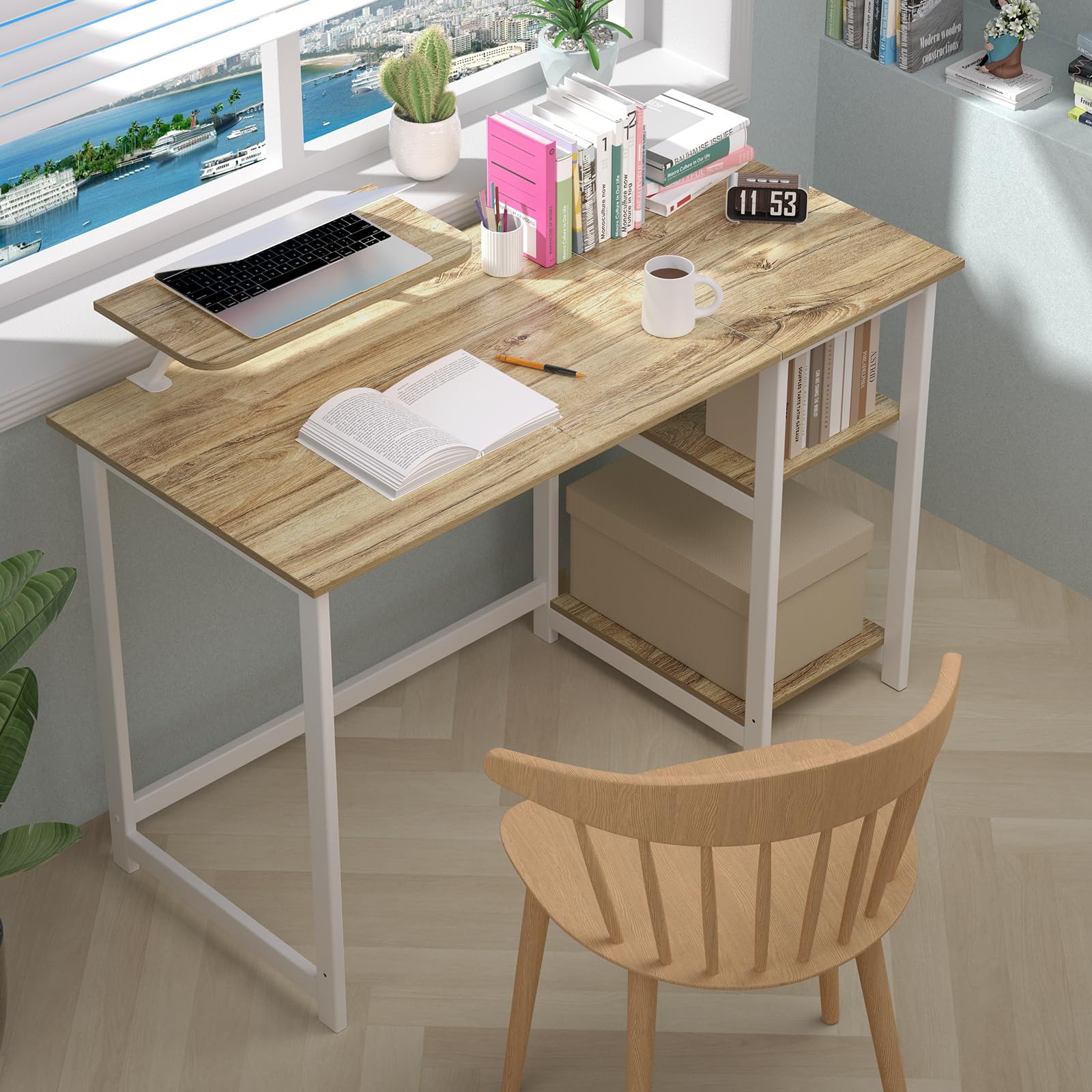 GreenForest Computer Desk 39 Inch with Monitor Stand, Office Desk with Adjustable Storage Shelves, Small Gaming Desk for Home Work Writing Study, Black