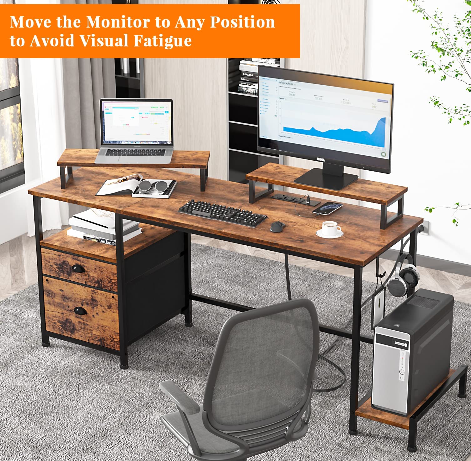 Computer Desk with Drawer and Power Outlets, 47" Office Desk with 2 Monitor Stands and Fabric File Cabinet, Writing Gaming Table with Shelves and 2 Hooks for Home Office, Rustic Brown