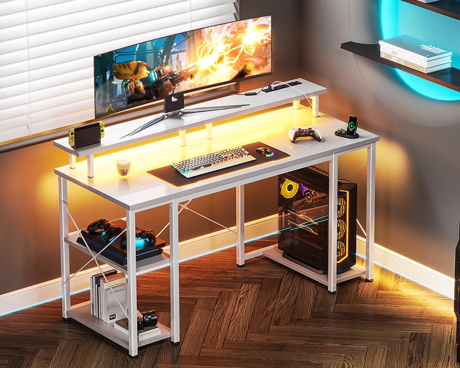 Gaming Desk with LED Lights & Power Outlets, Computer Desk with Monitor Stand & Storage Sheves, CPU Stand, Home Office Desk