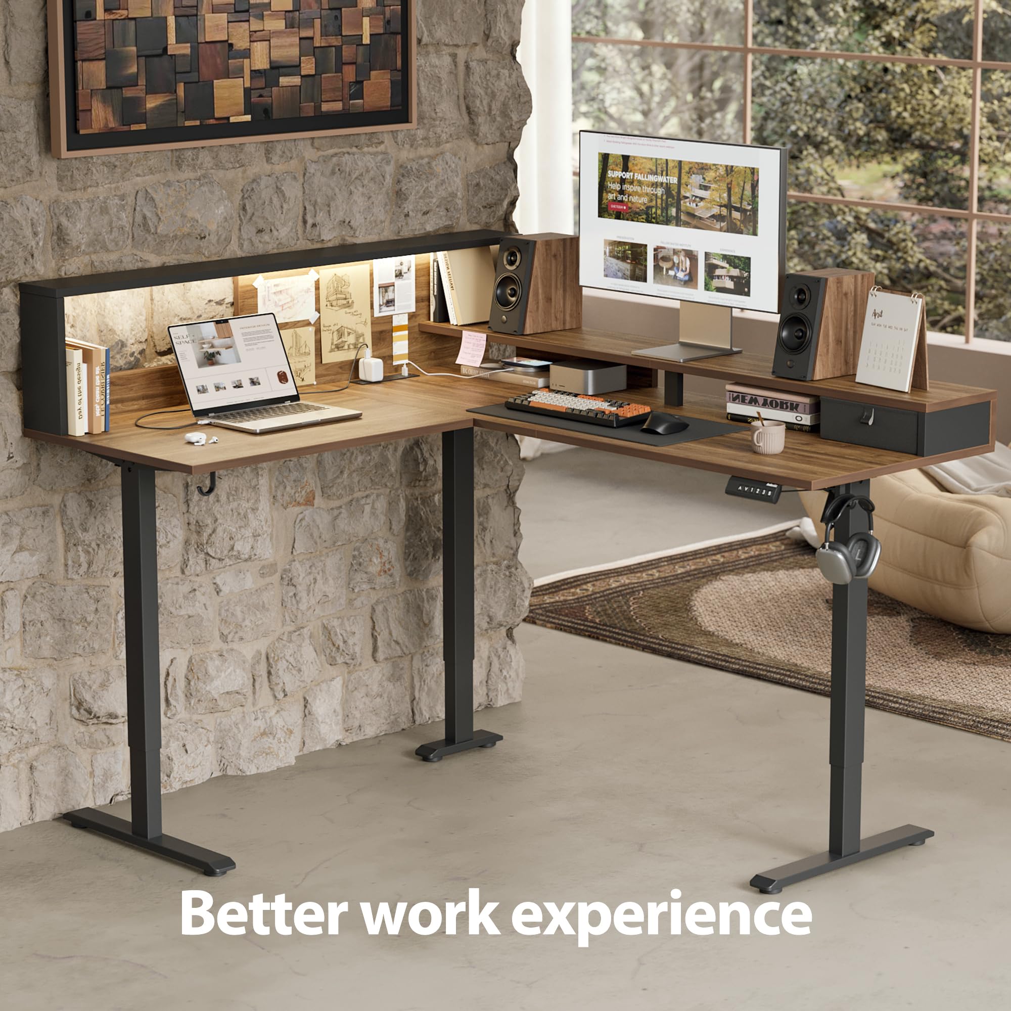Agilestic L Shaped Standing Desk Adjustable Height, Electric Corner Standing Desk, 63 x 55 inch Sit Stand Computer Table with Splice Board, Rustic Brown