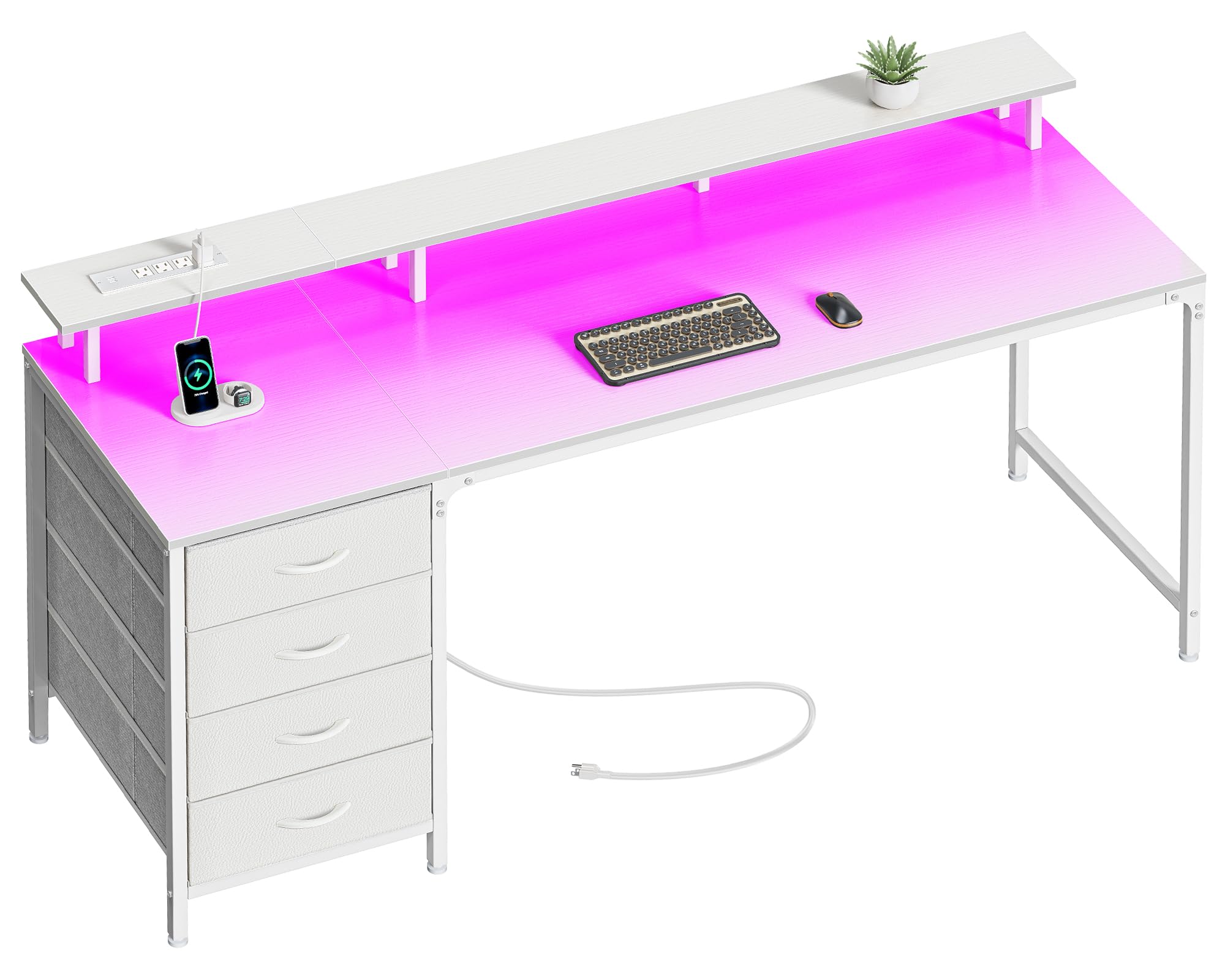 改Huuger 47 Inch Computer Desk with Power Outlets and LED Lights, Gaming Desk with 4 Drawers, Office Desk with Monitor Stand, Study Desk Work Desk for Home Office, Small Spaces, Black