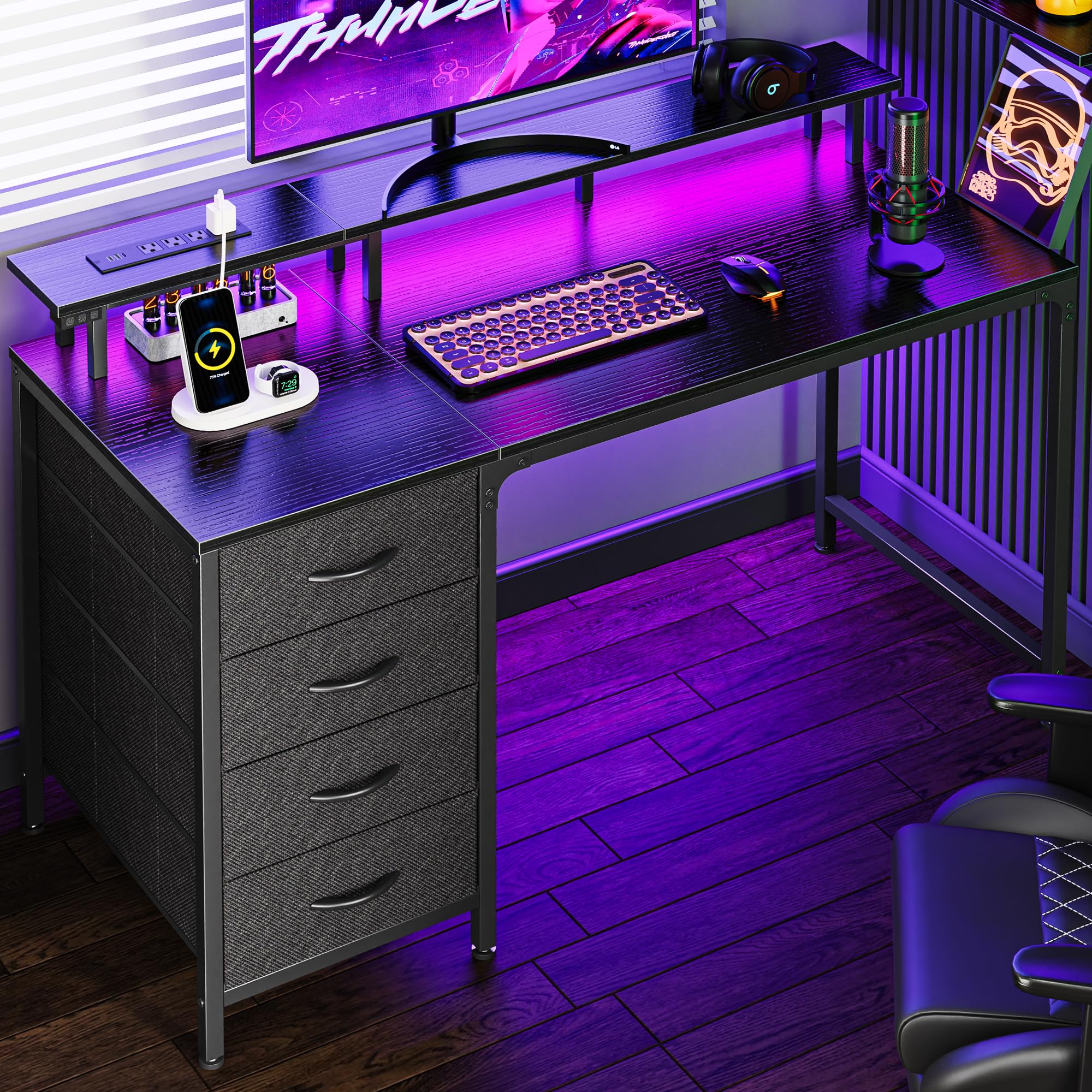 47 Inch Computer Desk with Power Outlets and LED Lights, Gaming Desk with 4 Drawers, Office Desk with Monitor Stand, Study Desk Work Desk for Home Office, Small Spaces, Black