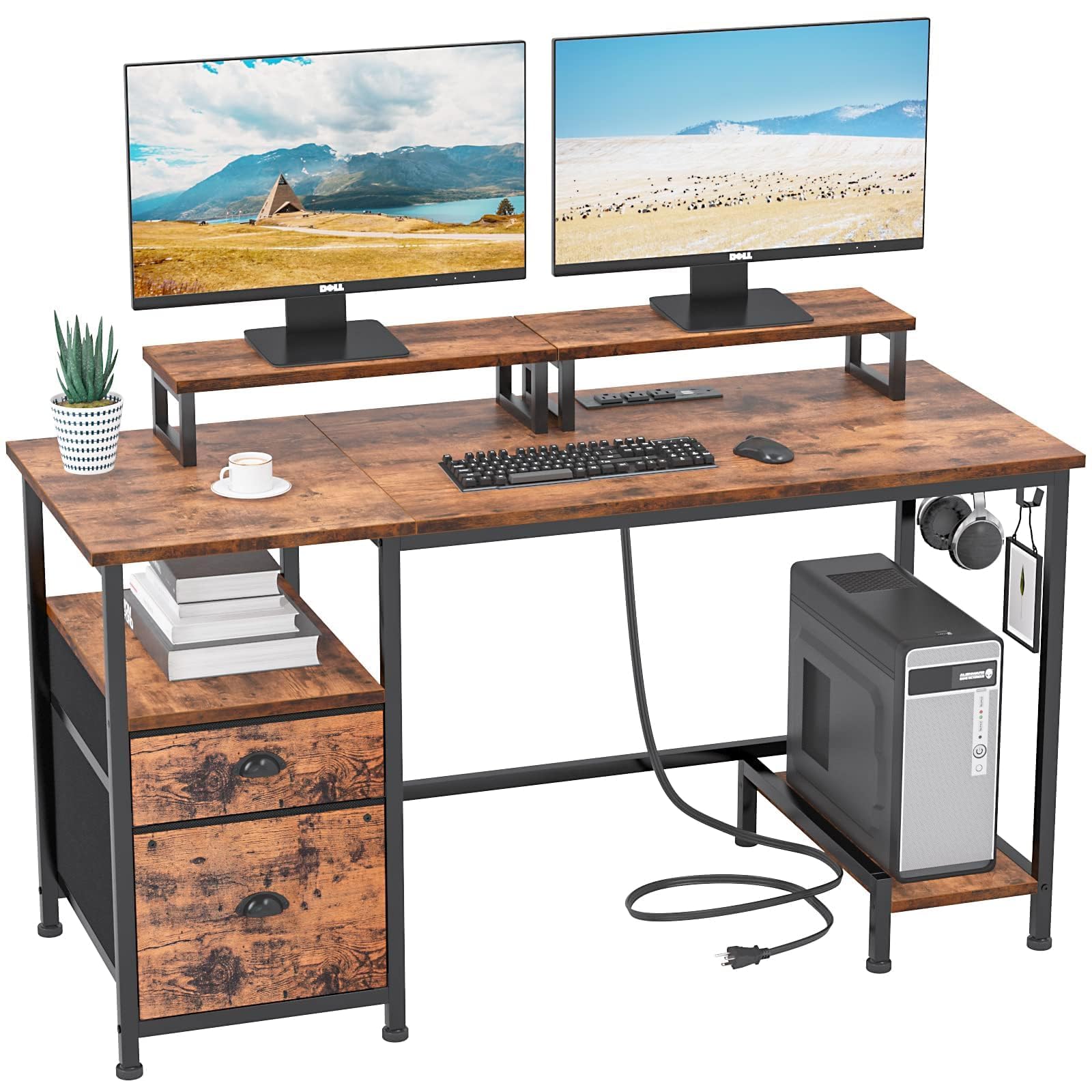 Computer Desk with Drawer and Power Outlets, 47" Office Desk with 2 Monitor Stands and Fabric File Cabinet, Writing Gaming Table with Shelves and 2 Hooks for Home Office, Rustic Brown