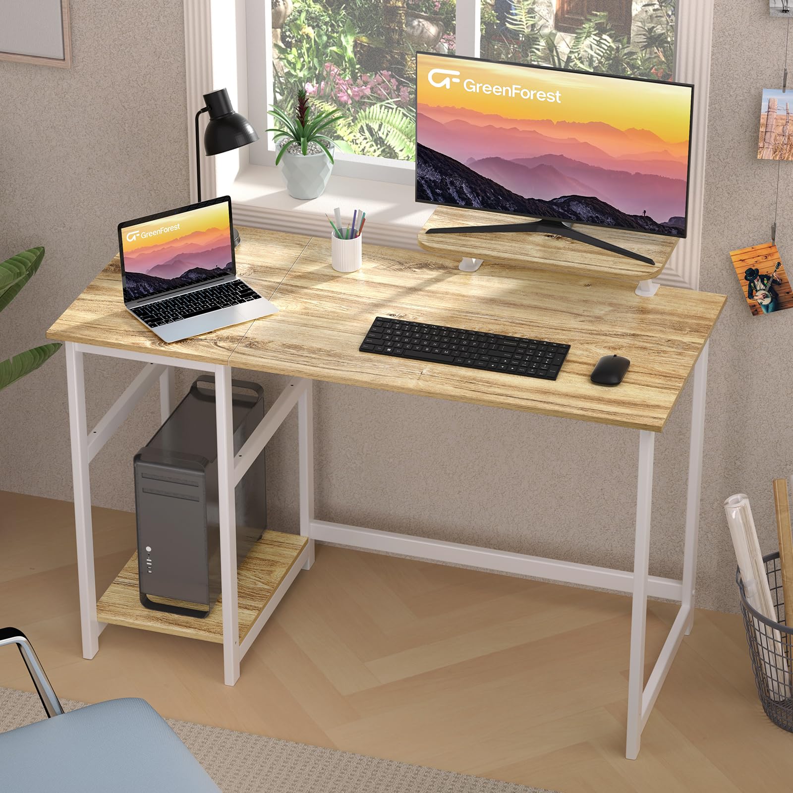 改GreenForest Computer Desk 39 Inch with Monitor Stand, Office Desk with Adjustable Storage Shelves, Small Gaming Desk for Home Work Writing Study, Black