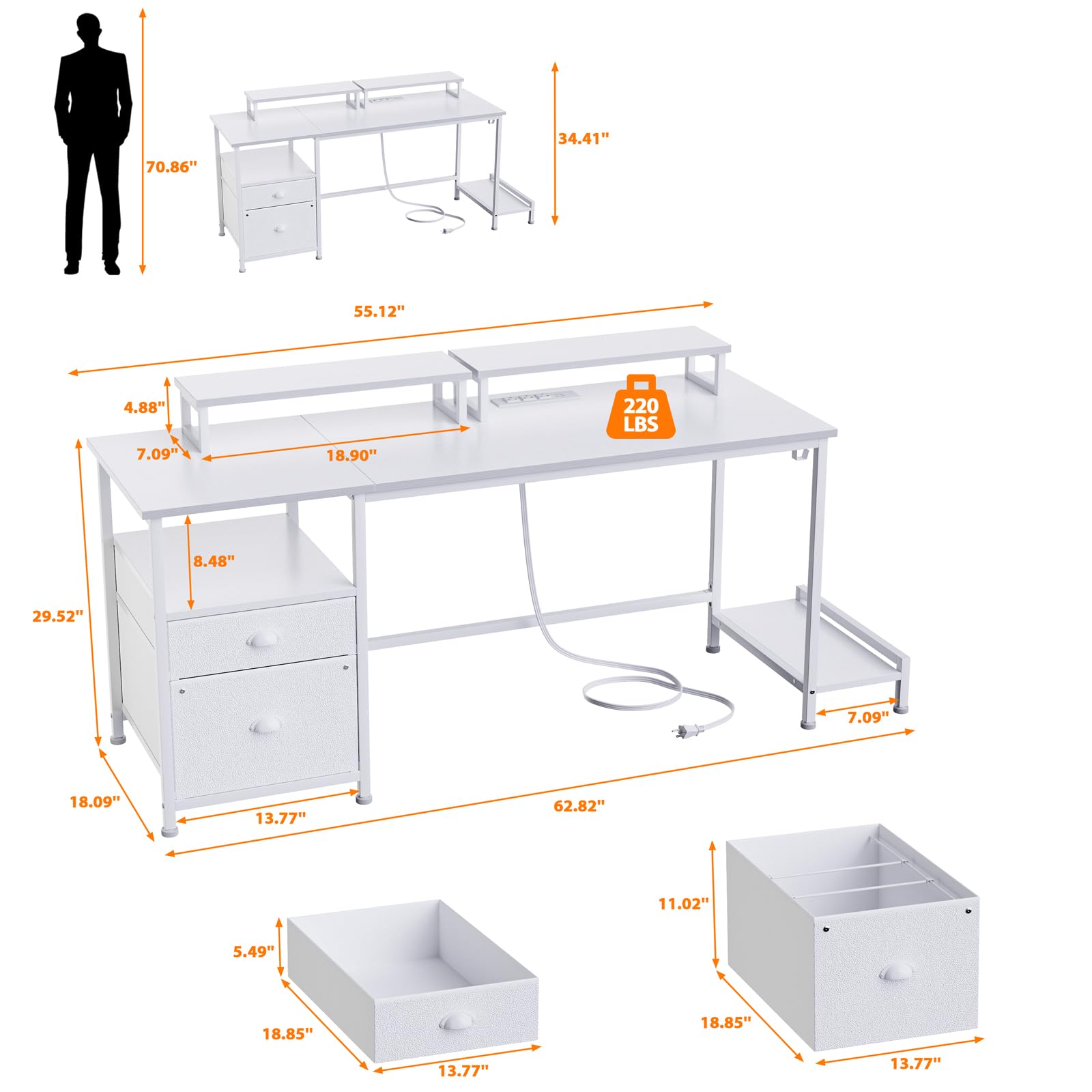 改Furologee Computer Desk with Drawer and Power Outlets, 47" Office Desk with 2 Monitor Stands and Fabric File Cabinet, Writing Gaming Table with Shelves and 2 Hooks for Home Office, Rustic Brown