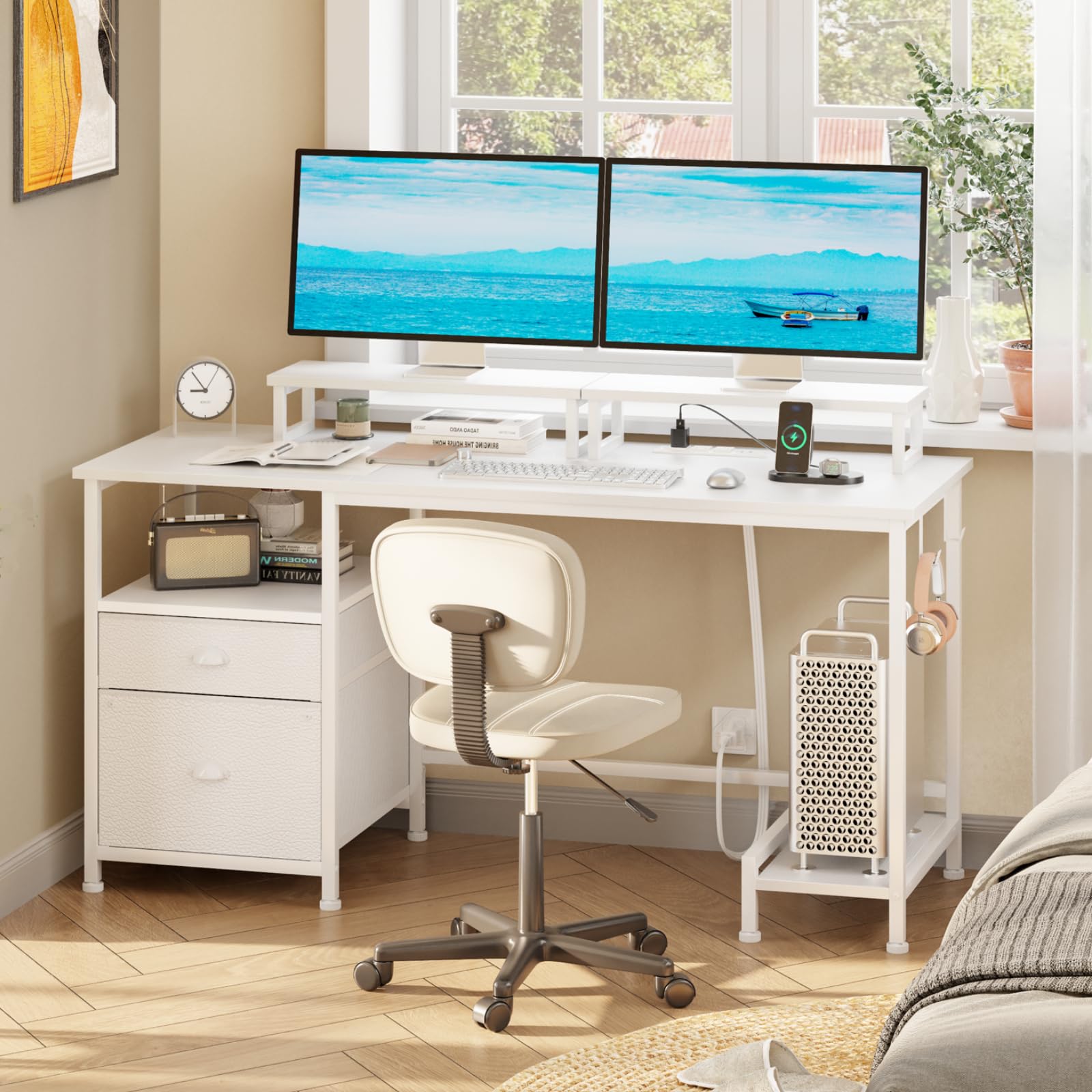 改Furologee Computer Desk with Drawer and Power Outlets, 47" Office Desk with 2 Monitor Stands and Fabric File Cabinet, Writing Gaming Table with Shelves and 2 Hooks for Home Office, Rustic Brown