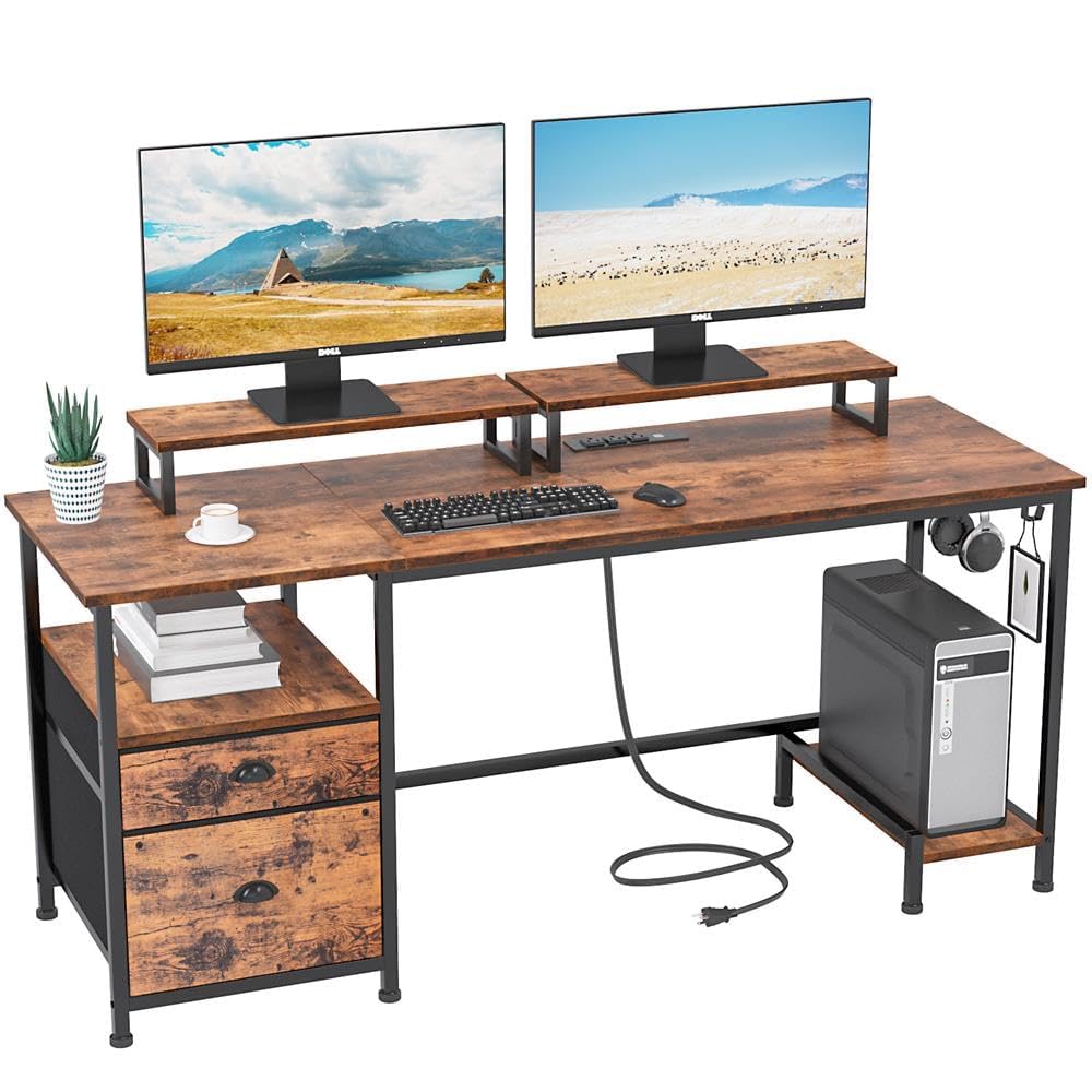 Computer Desk with Drawer and Power Outlets, 47" Office Desk with 2 Monitor Stands and Fabric File Cabinet, Writing Gaming Table with Shelves and 2 Hooks for Home Office, Rustic Brown