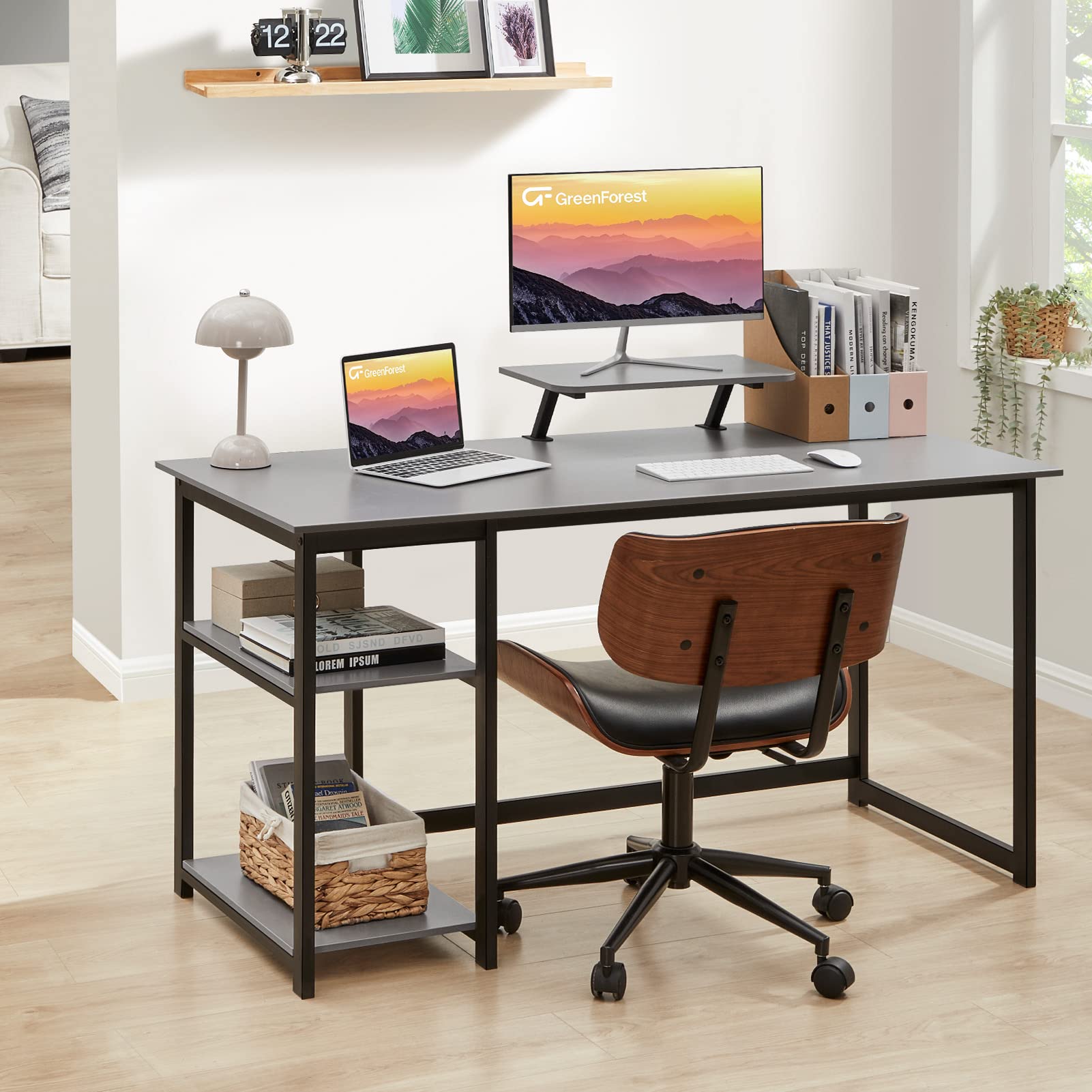 GreenForest Computer Desk 39 Inch with Monitor Stand, Office Desk with Adjustable Storage Shelves, Small Gaming Desk for Home Work Writing Study, Black