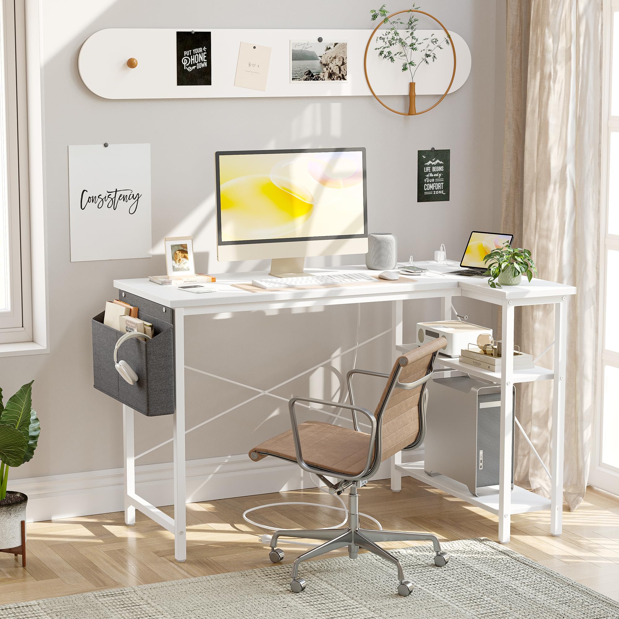 TIQLAB Small Computer Desk with Power Outlets, 40 Inch L Shaped Desk with Reversible Shelves, Gaming Desk Corner Desk Study Writing Table for Home Office Bedroom Living Room, Black