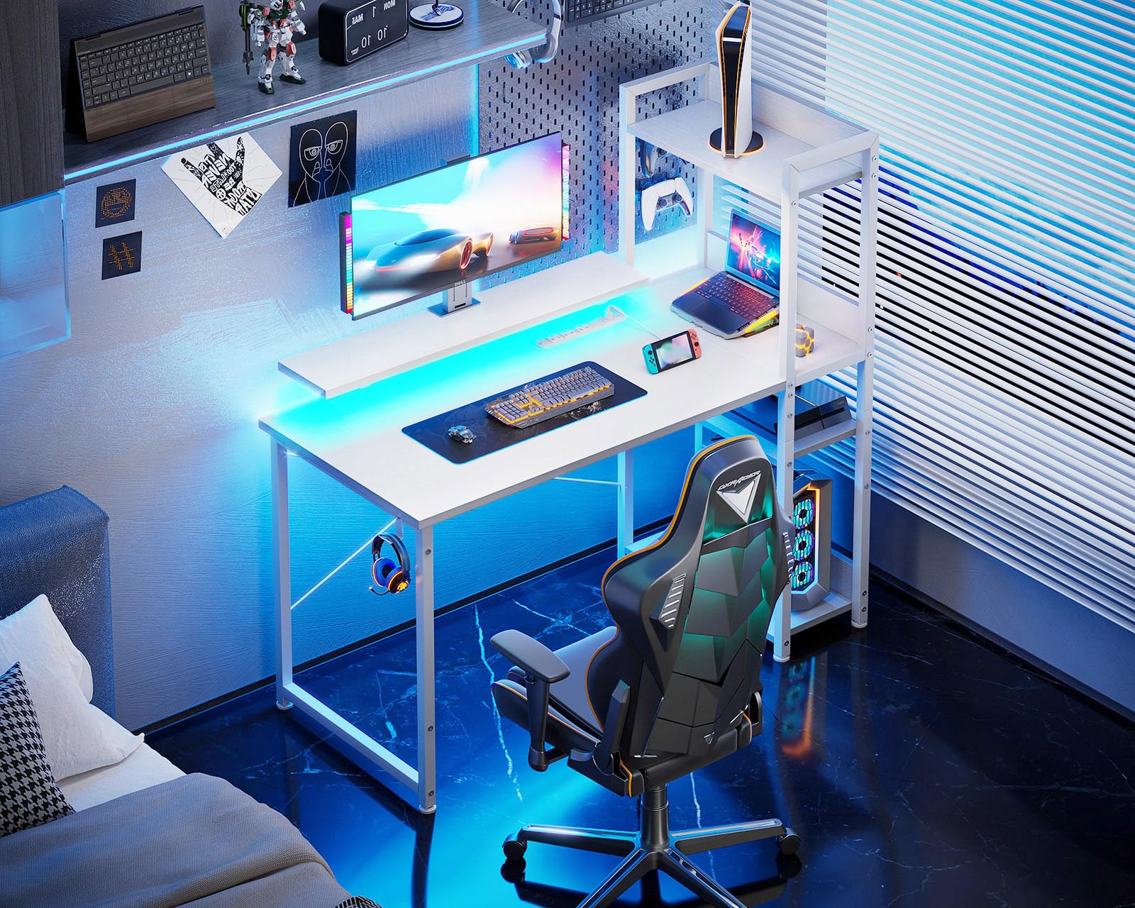 ODK Reversible Gaming Desk with USB Charging Port and LED Lights, 40 Inch Computer Desk with Storage Shelves &amp; Monitor Stand, Study Table for Home Office, Small Space Bedroom, Carbon Fiber Black