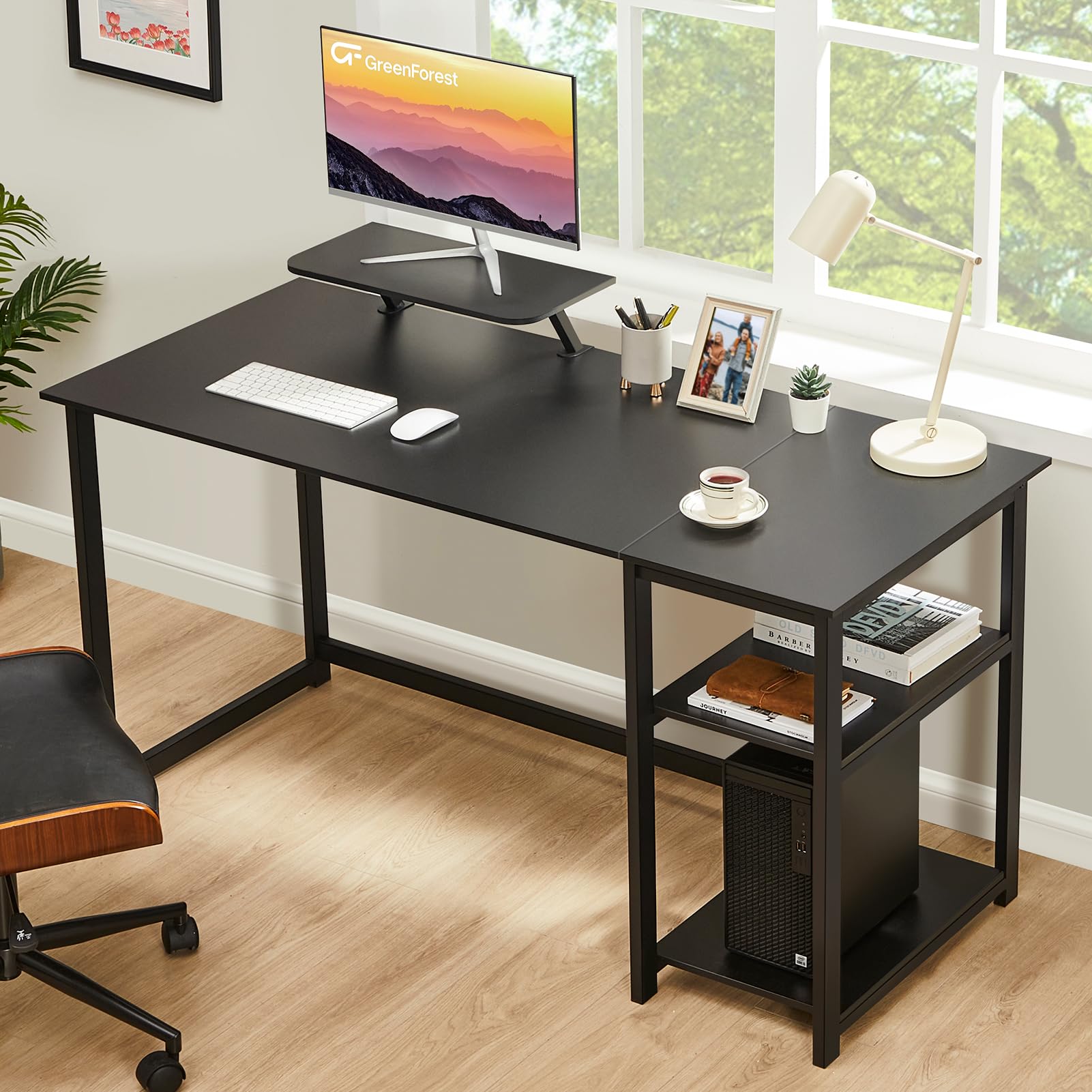 GreenForest Computer Desk 39 Inch with Monitor Stand, Office Desk with Adjustable Storage Shelves, Small Gaming Desk for Home Work Writing Study, Black