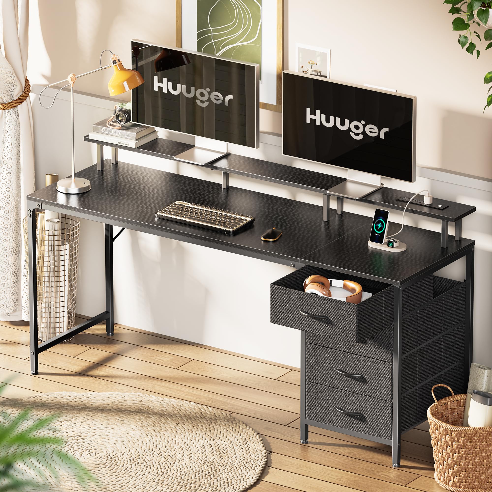 47 Inch Computer Desk with Power Outlets and LED Lights, Gaming Desk with 4 Drawers, Office Desk with Monitor Stand, Study Desk Work Desk for Home Office, Small Spaces, Black