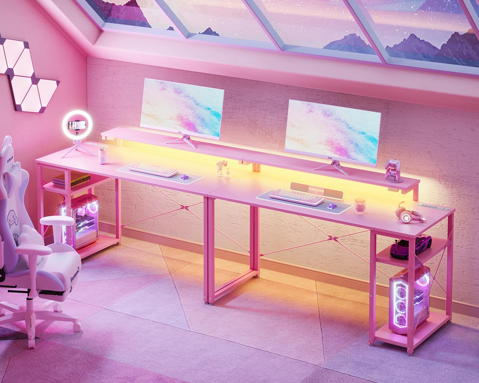 Gaming Desk with Led Lights & Power Outlet, 40 Inch Small Gaming Computer Desk with Shelves, Reversible Gamer Desk Table with Adjustable Monitor Stand & Headphone Hook, Carbon Fiber Texture