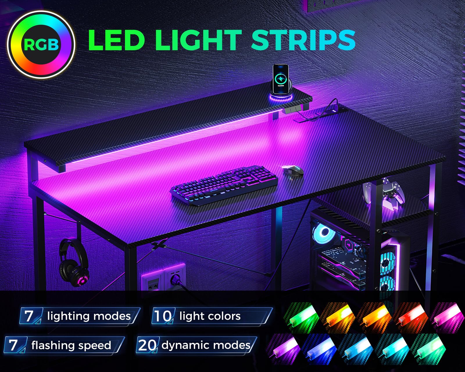 改MOTPK Gaming Desk with Led Lights & Power Outlet, 40 Inch Small Gaming Computer Desk with Shelves, Reversible Gamer Desk Table with Adjustable Monitor Stand & Headphone Hook, Carbon Fiber Texture