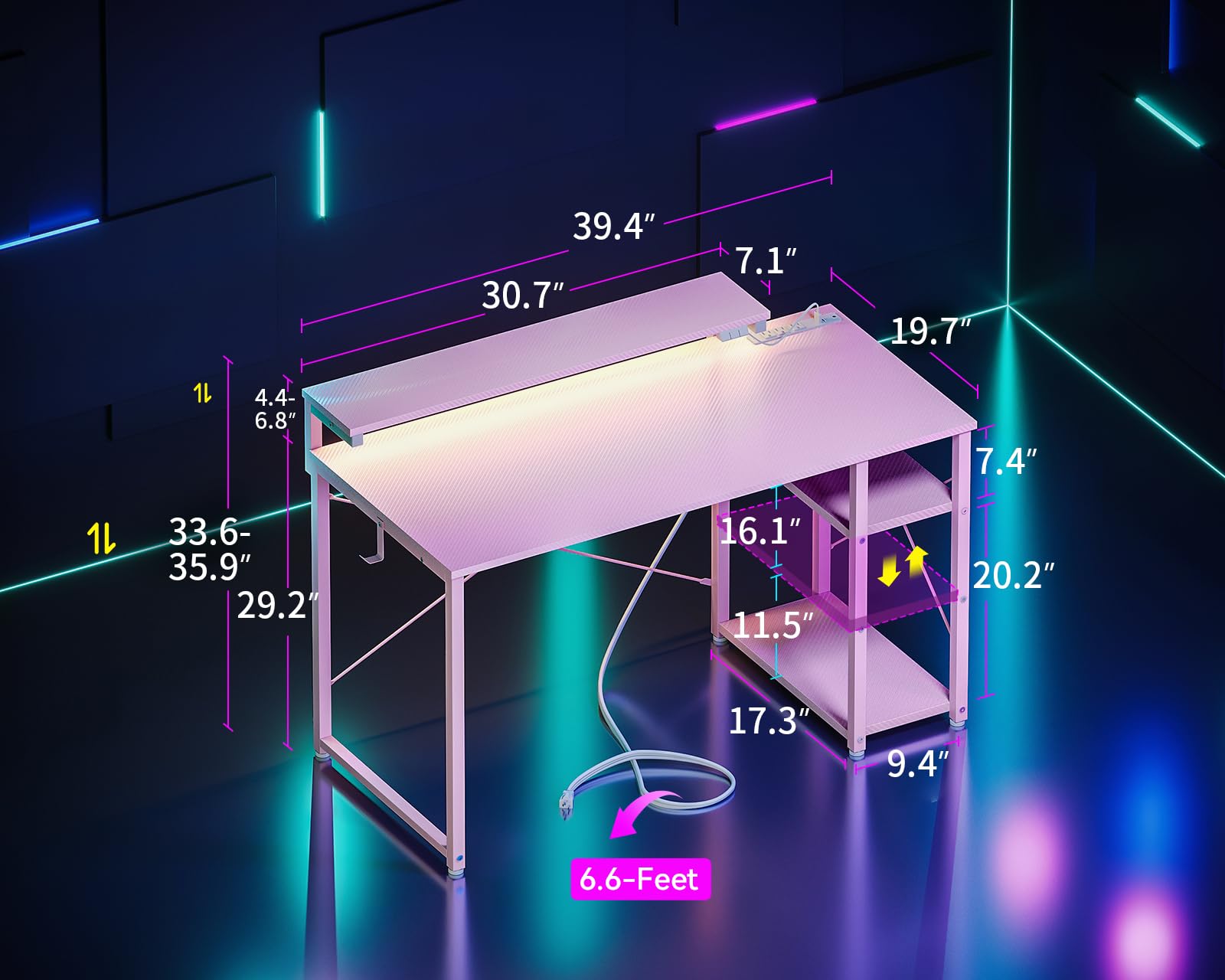 Gaming Desk with Led Lights & Power Outlet, 40 Inch Small Gaming Computer Desk with Shelves, Reversible Gamer Desk Table with Adjustable Monitor Stand & Headphone Hook, Carbon Fiber Texture