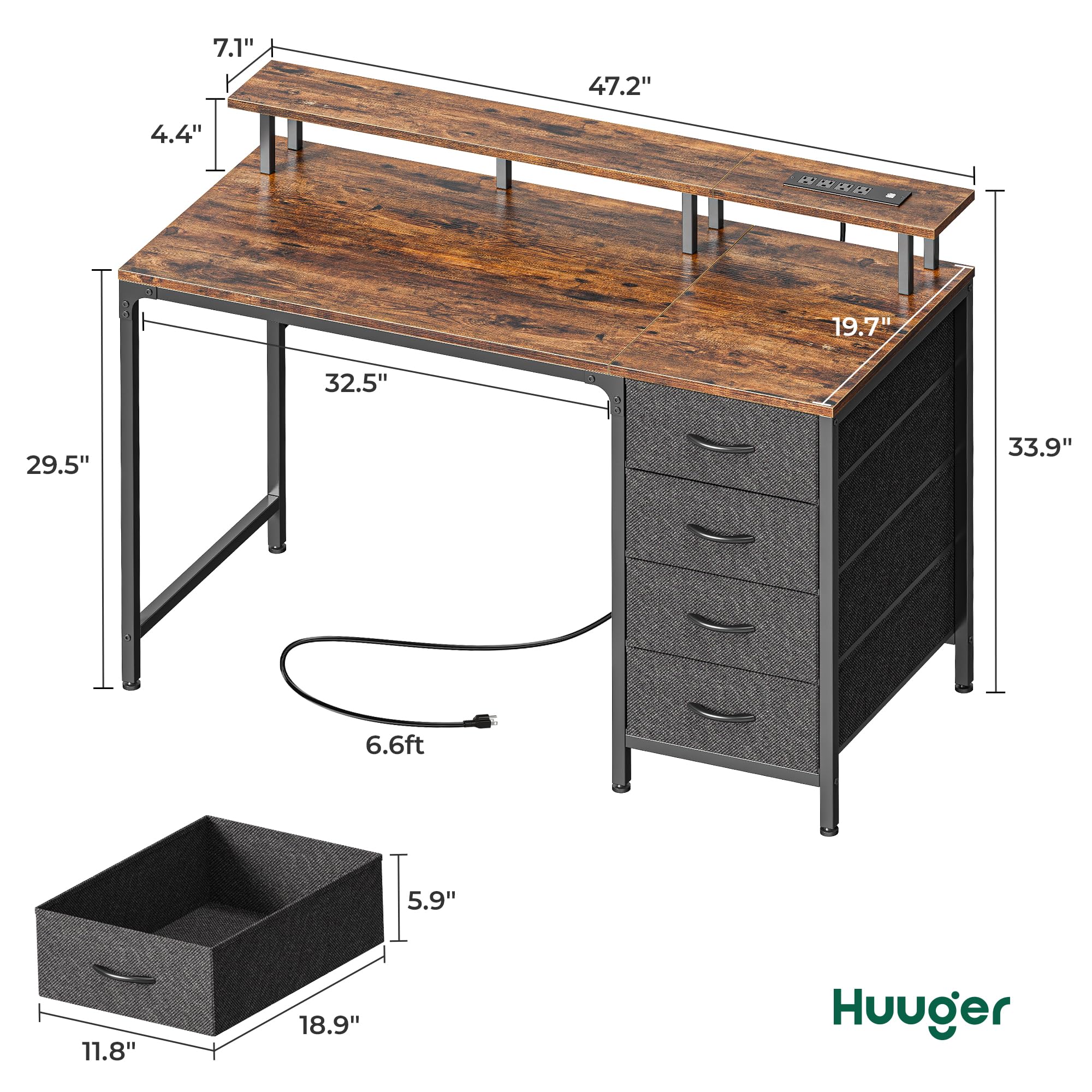47 Inch Computer Desk with Power Outlets and LED Lights, Gaming Desk with 4 Drawers, Office Desk with Monitor Stand, Study Desk Work Desk for Home Office, Small Spaces, Black