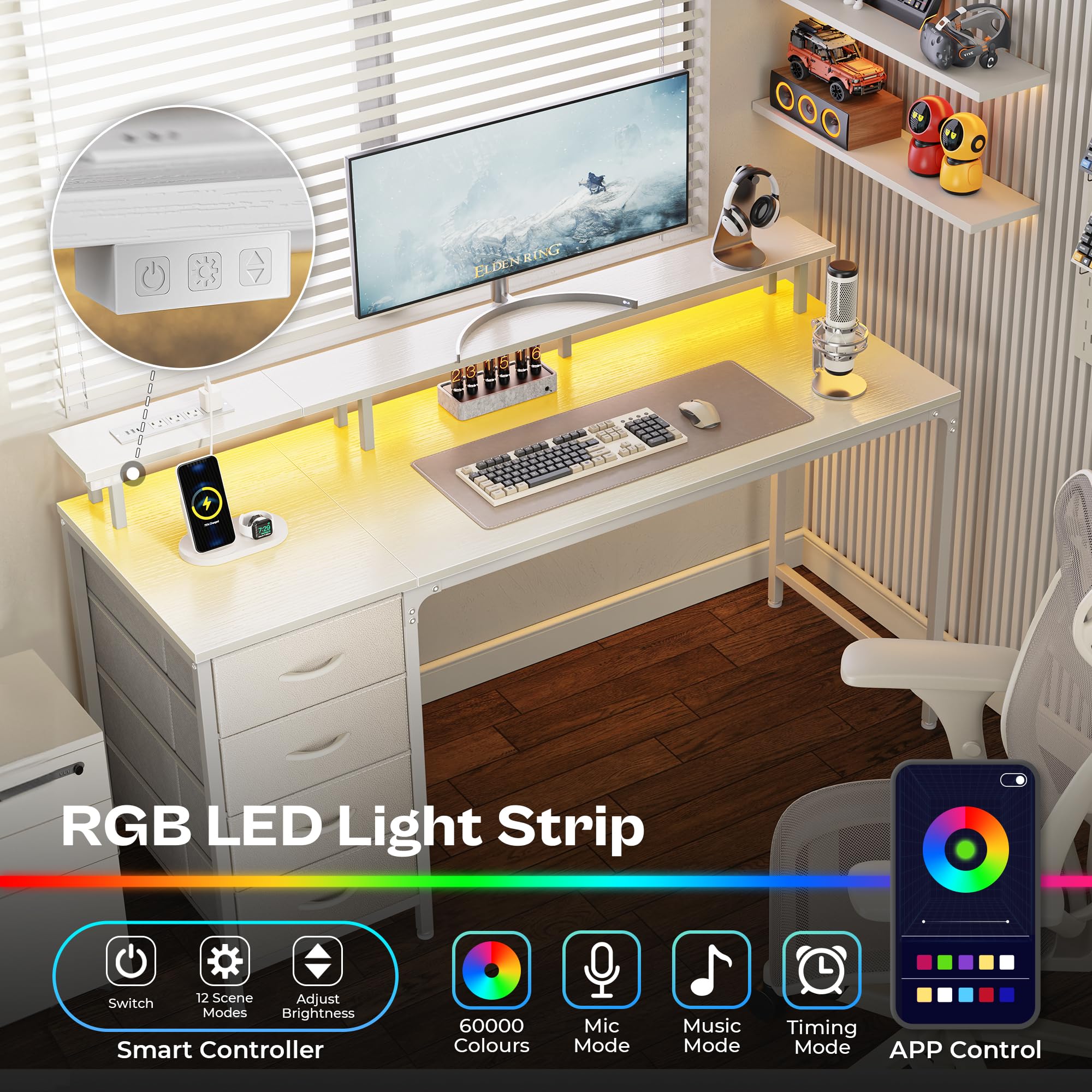 47 Inch Computer Desk with Power Outlets and LED Lights, Gaming Desk with 4 Drawers, Office Desk with Monitor Stand, Study Desk Work Desk for Home Office, Small Spaces, Black
