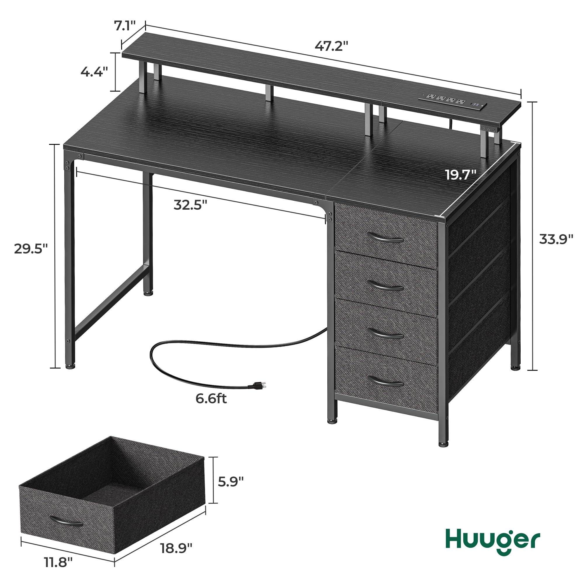 47 Inch Computer Desk with Power Outlets and LED Lights, Gaming Desk with 4 Drawers, Office Desk with Monitor Stand, Study Desk Work Desk for Home Office, Small Spaces, Black