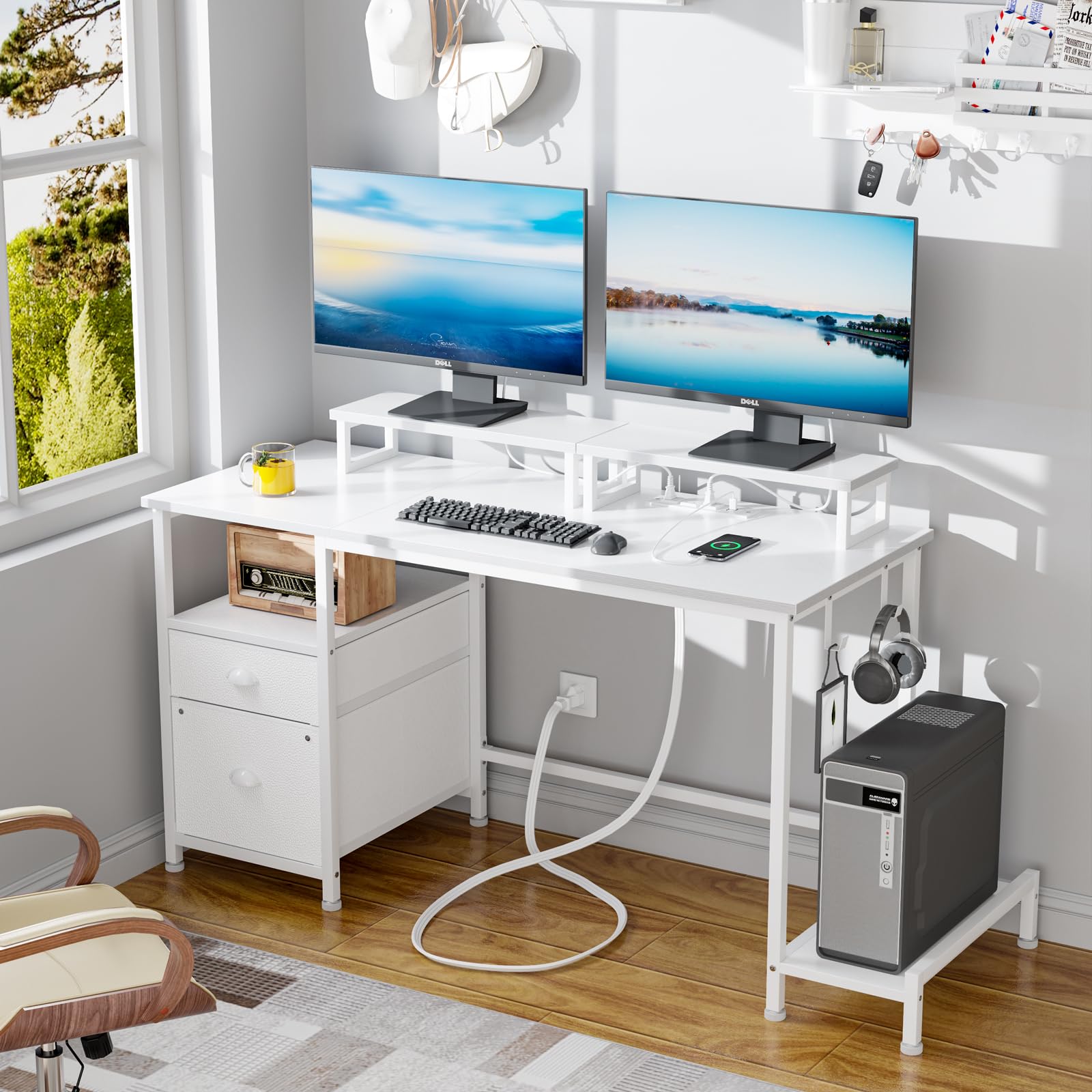 改Furologee Computer Desk with Drawer and Power Outlets, 47" Office Desk with 2 Monitor Stands and Fabric File Cabinet, Writing Gaming Table with Shelves and 2 Hooks for Home Office, Rustic Brown