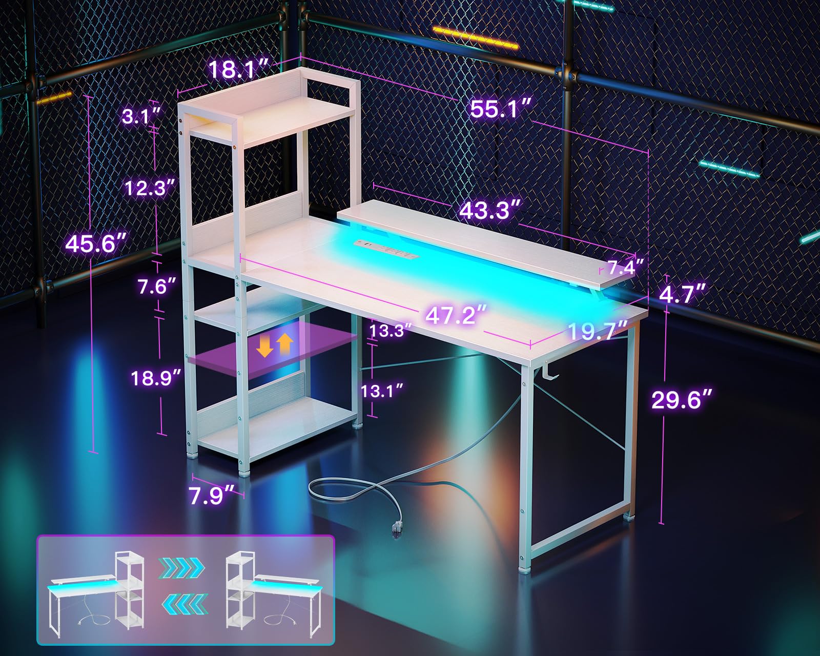 ODK Reversible Gaming Desk with USB Charging Port and LED Lights, 40 Inch Computer Desk with Storage Shelves &amp; Monitor Stand, Study Table for Home Office, Small Space Bedroom, Carbon Fiber Black