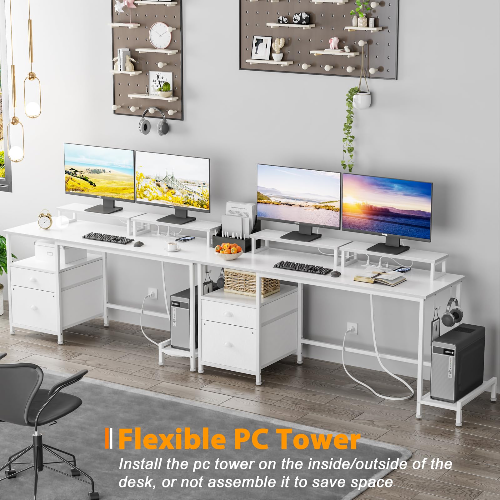 Computer Desk with Drawer and Power Outlets, 47" Office Desk with 2 Monitor Stands and Fabric File Cabinet, Writing Gaming Table with Shelves and 2 Hooks for Home Office, Rustic Brown