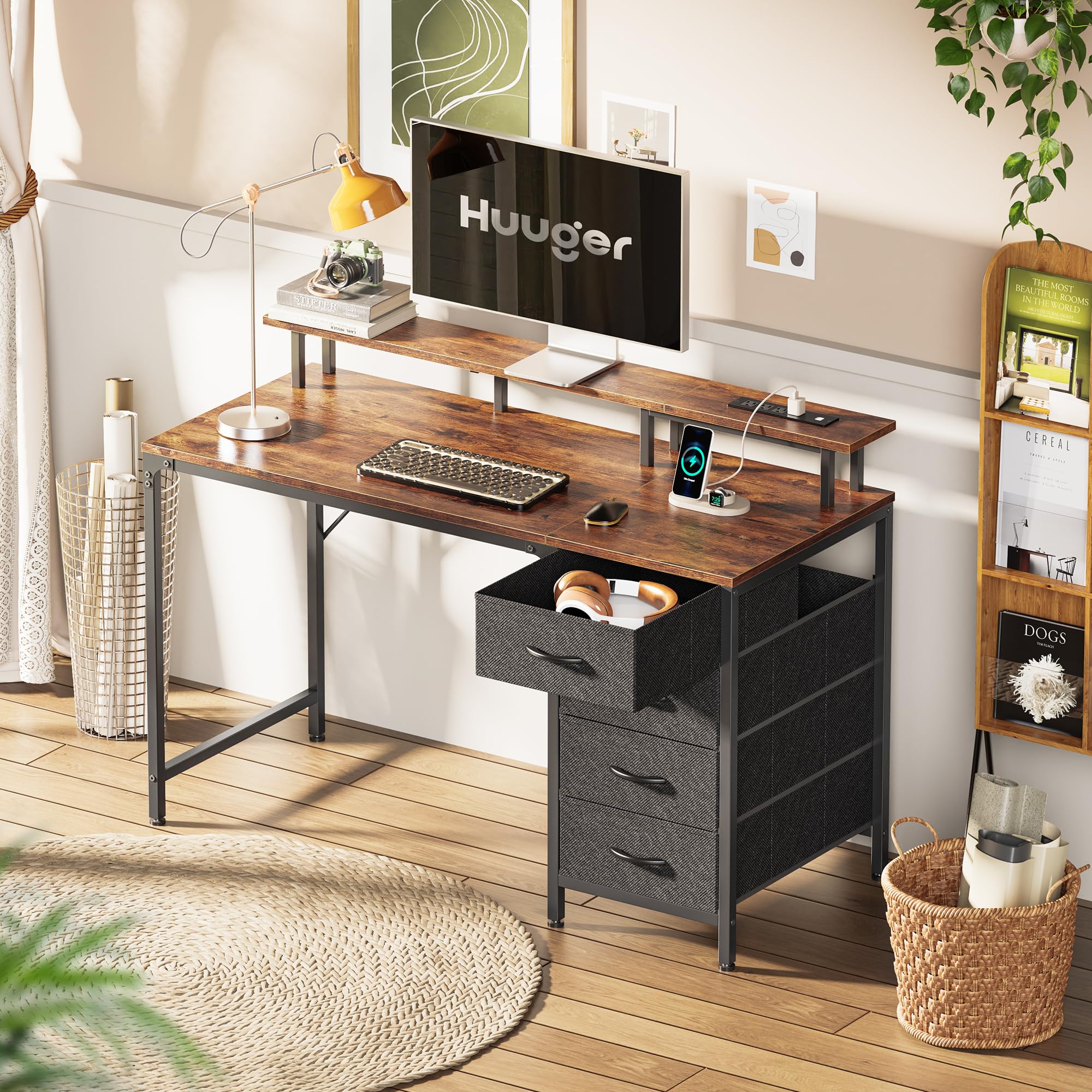 47 Inch Computer Desk with Power Outlets and LED Lights, Gaming Desk with 4 Drawers, Office Desk with Monitor Stand, Study Desk Work Desk for Home Office, Small Spaces, Black