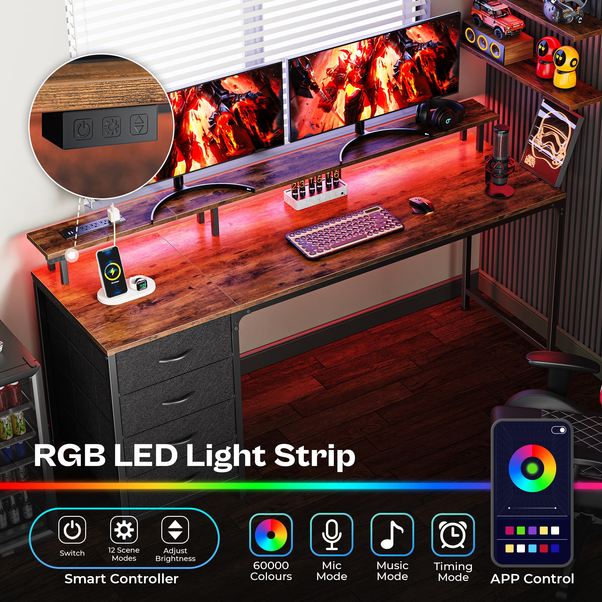 47 Inch Computer Desk with Power Outlets and LED Lights, Gaming Desk with 4 Drawers, Office Desk with Monitor Stand, Study Desk Work Desk for Home Office, Small Spaces, Black