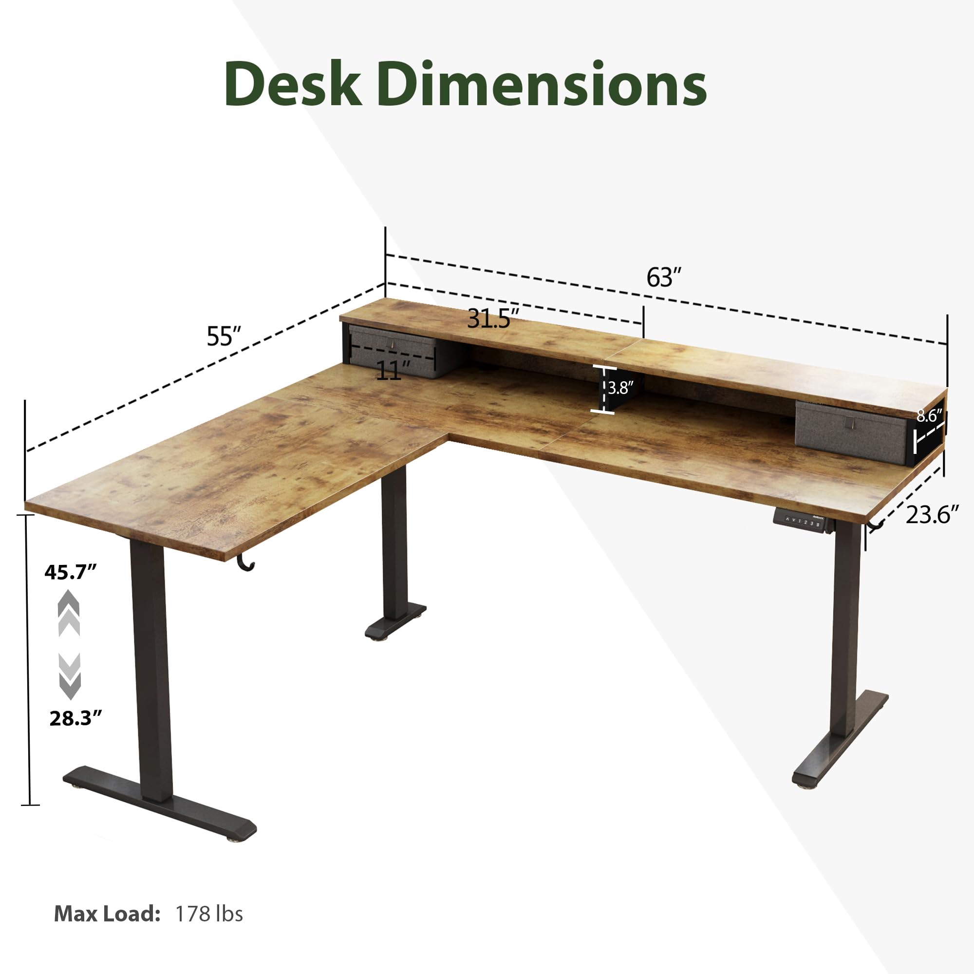 Agilestic L Shaped Standing Desk Adjustable Height, Electric Corner Standing Desk, 63 x 55 inch Sit Stand Computer Table with Splice Board, Rustic Brown