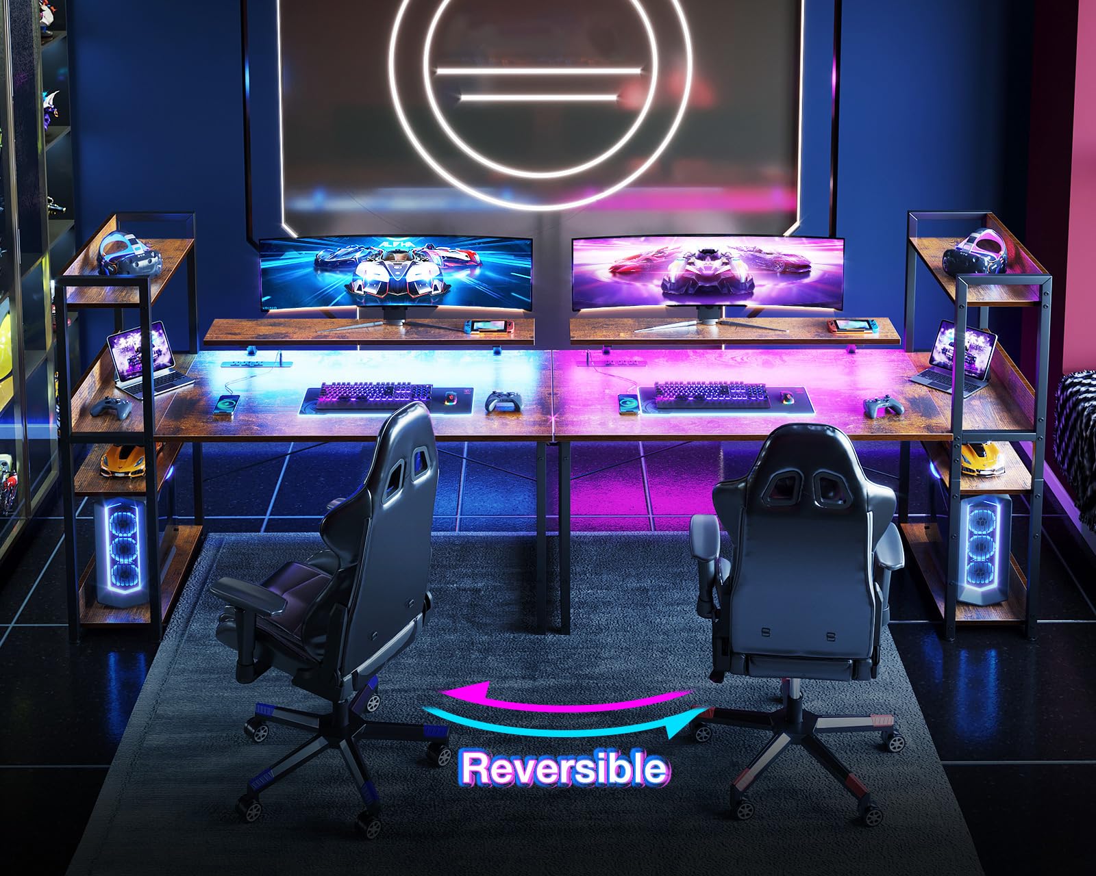 ODK Reversible Gaming Desk with USB Charging Port and LED Lights, 40 Inch Computer Desk with Storage Shelves &amp; Monitor Stand, Study Table for Home Office, Small Space Bedroom, Carbon Fiber Black