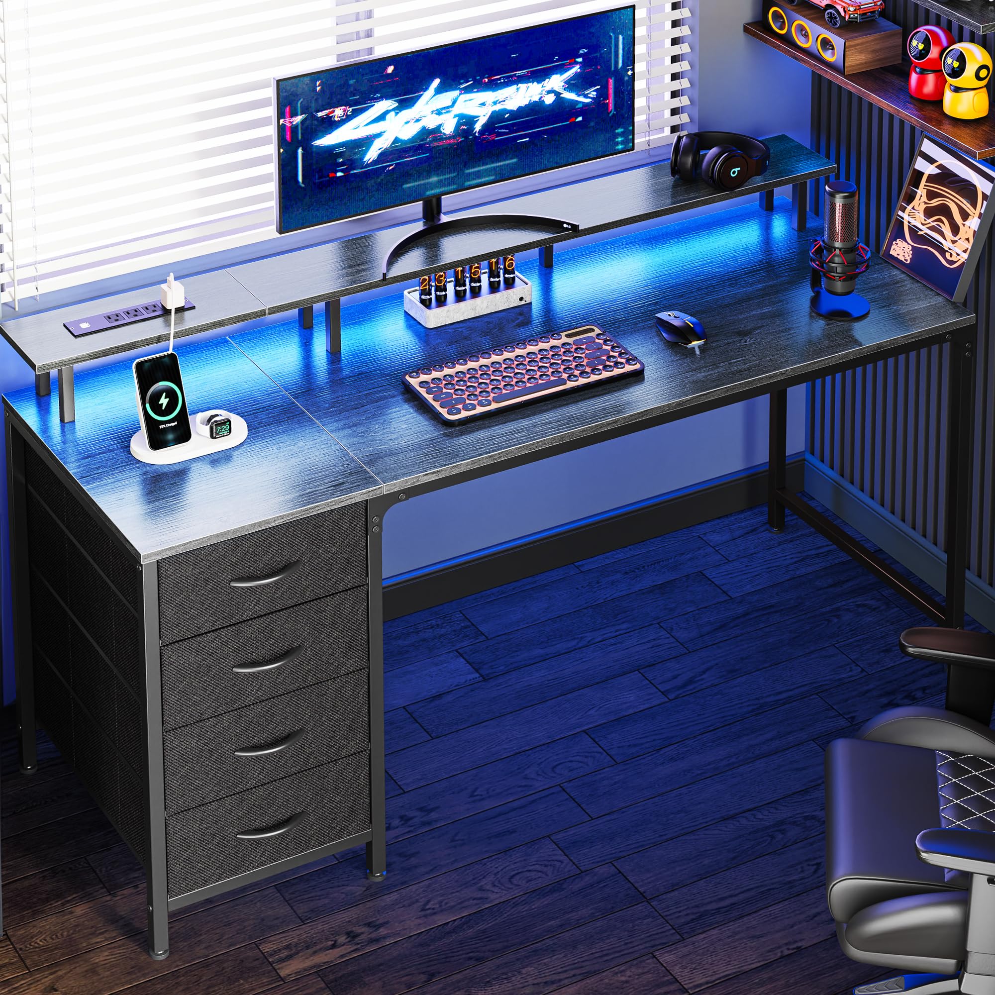 改Huuger 47 Inch Computer Desk with Power Outlets and LED Lights, Gaming Desk with 4 Drawers, Office Desk with Monitor Stand, Study Desk Work Desk for Home Office, Small Spaces, Black